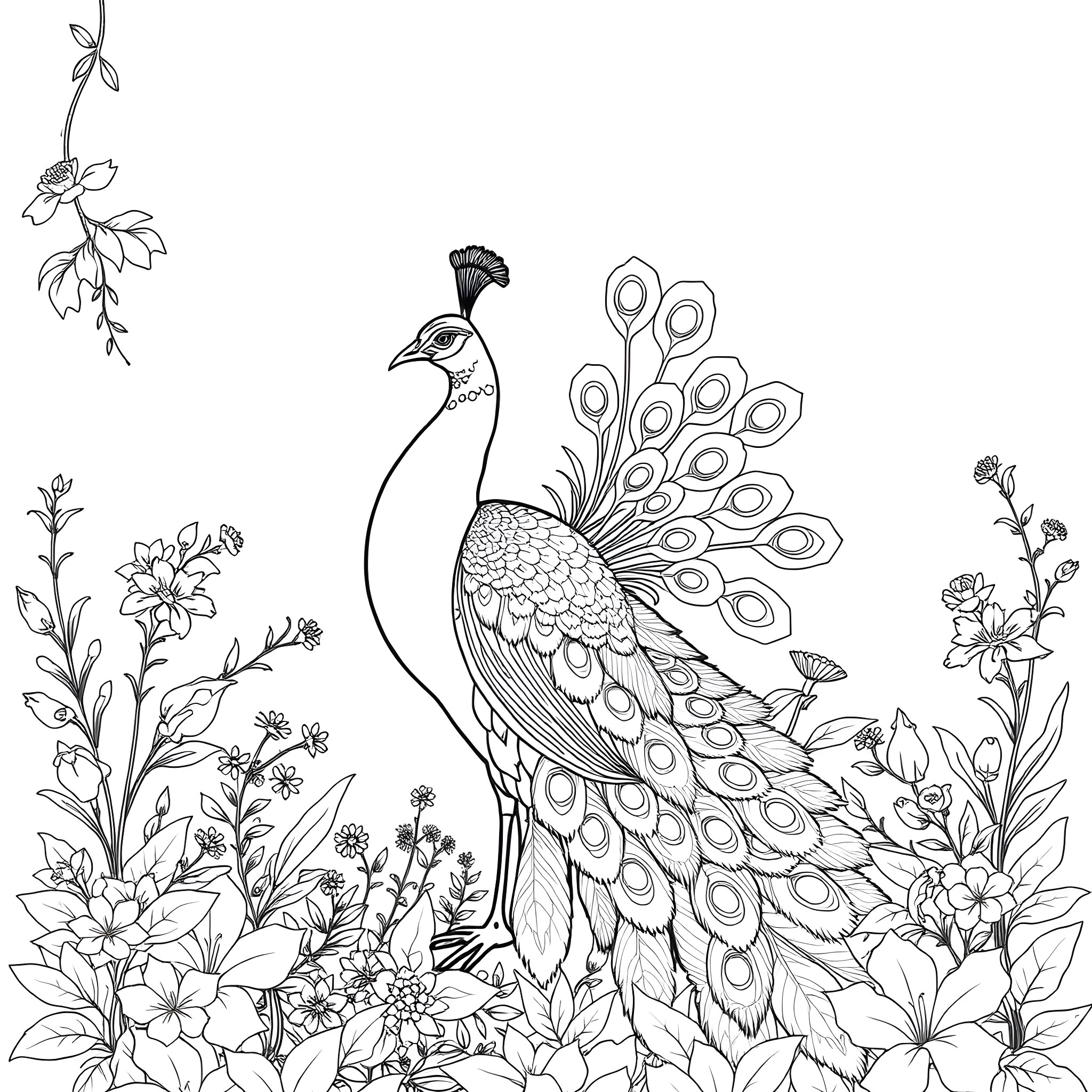 Peacock in a floral garden Coloring Page (free black-and-white line drawing printable PDF for all, from beginners to advanced learners, including children, teens, adults, and seniors)
