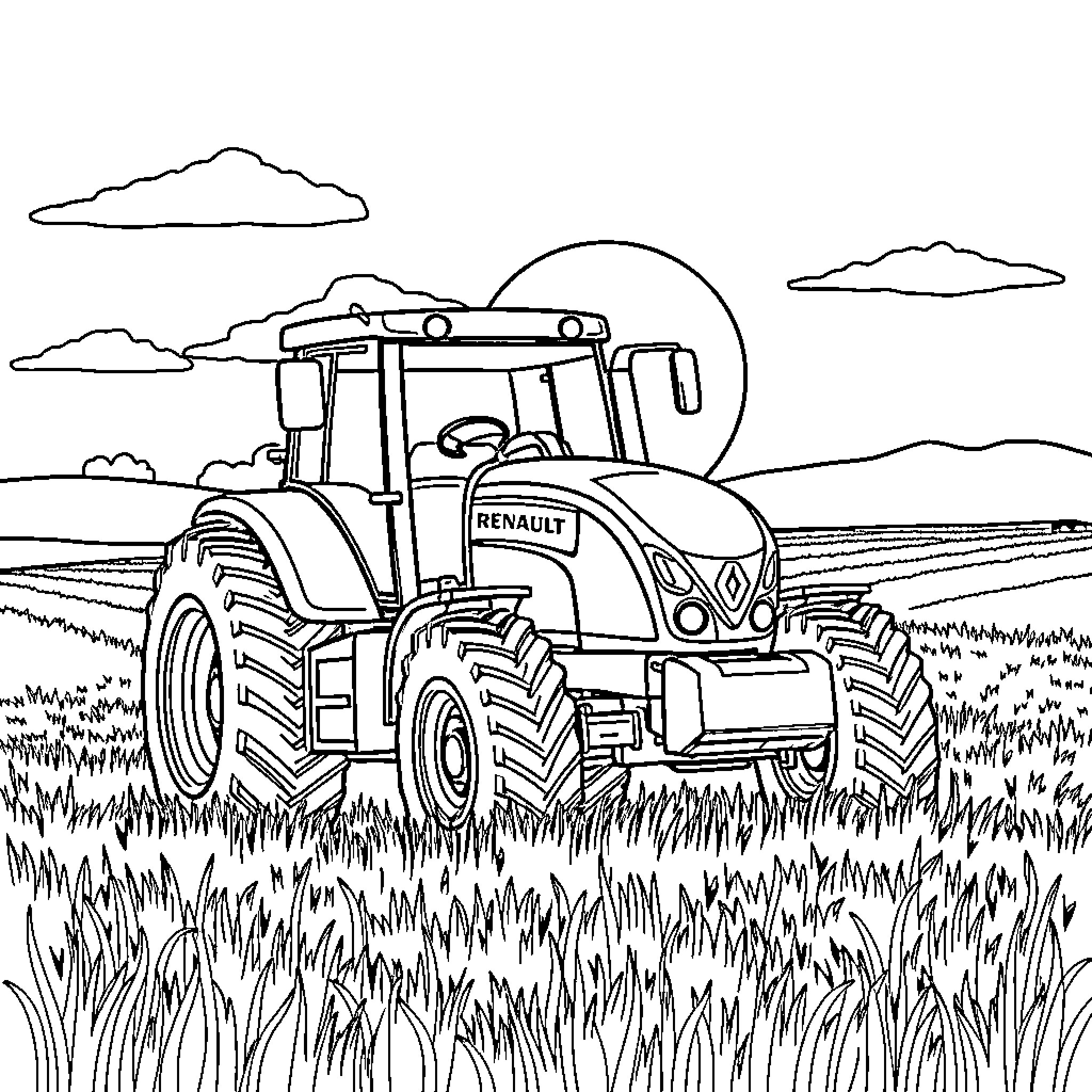 Renault tractor working in the countryside Coloring Page (free black-and-white line drawing printable PDF for all, from beginners to advanced learners, including children, teens, adults, and seniors)