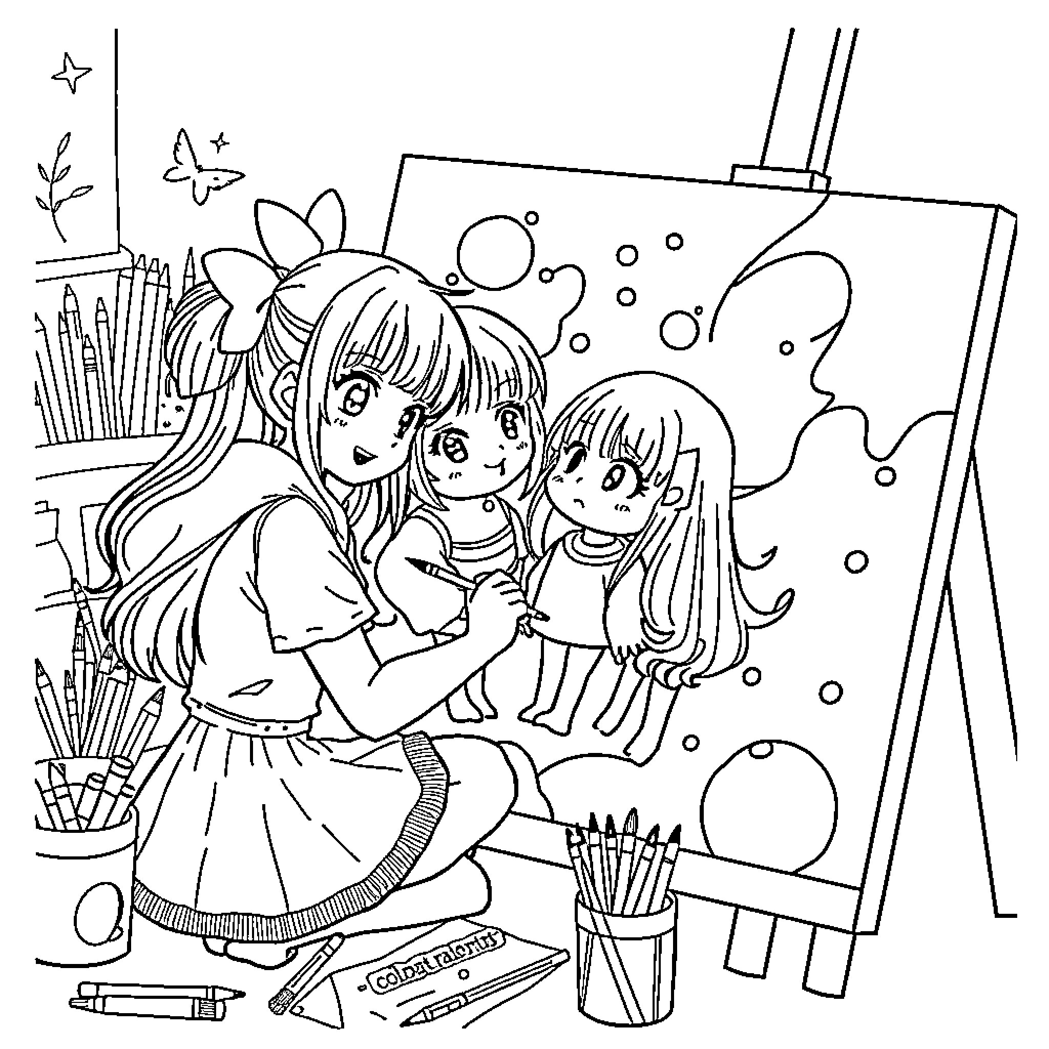 Kuromi painting with friends in the art studio Coloring Page (free black-and-white line drawing printable PDF for all, from beginners to advanced learners, including children, teens, adults, and seniors)