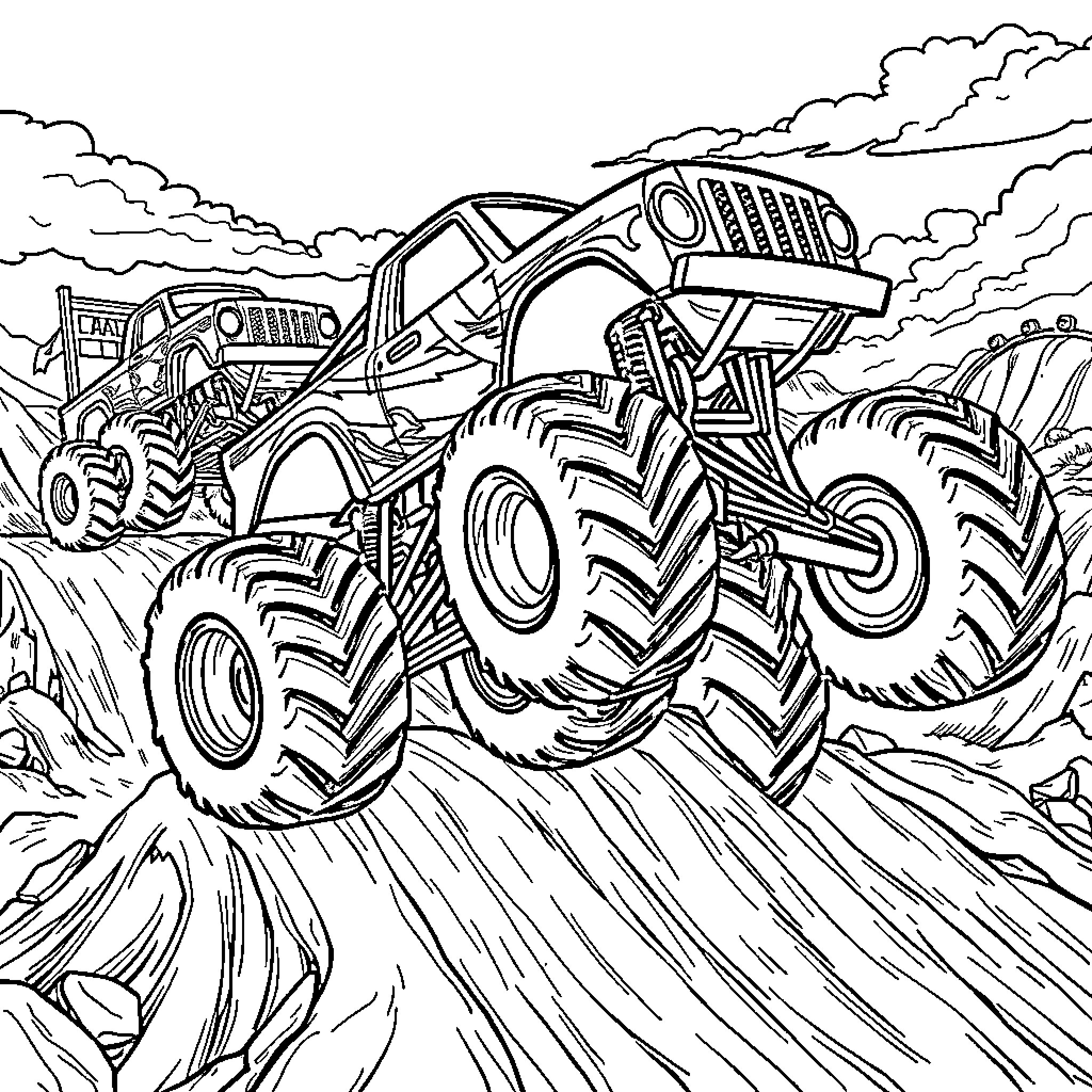 Monster Truck Crushing Through Rugged Terrain Coloring Page (free black-and-white line drawing printable PDF for all, from beginners to advanced learners, including children, teens, adults, and seniors)