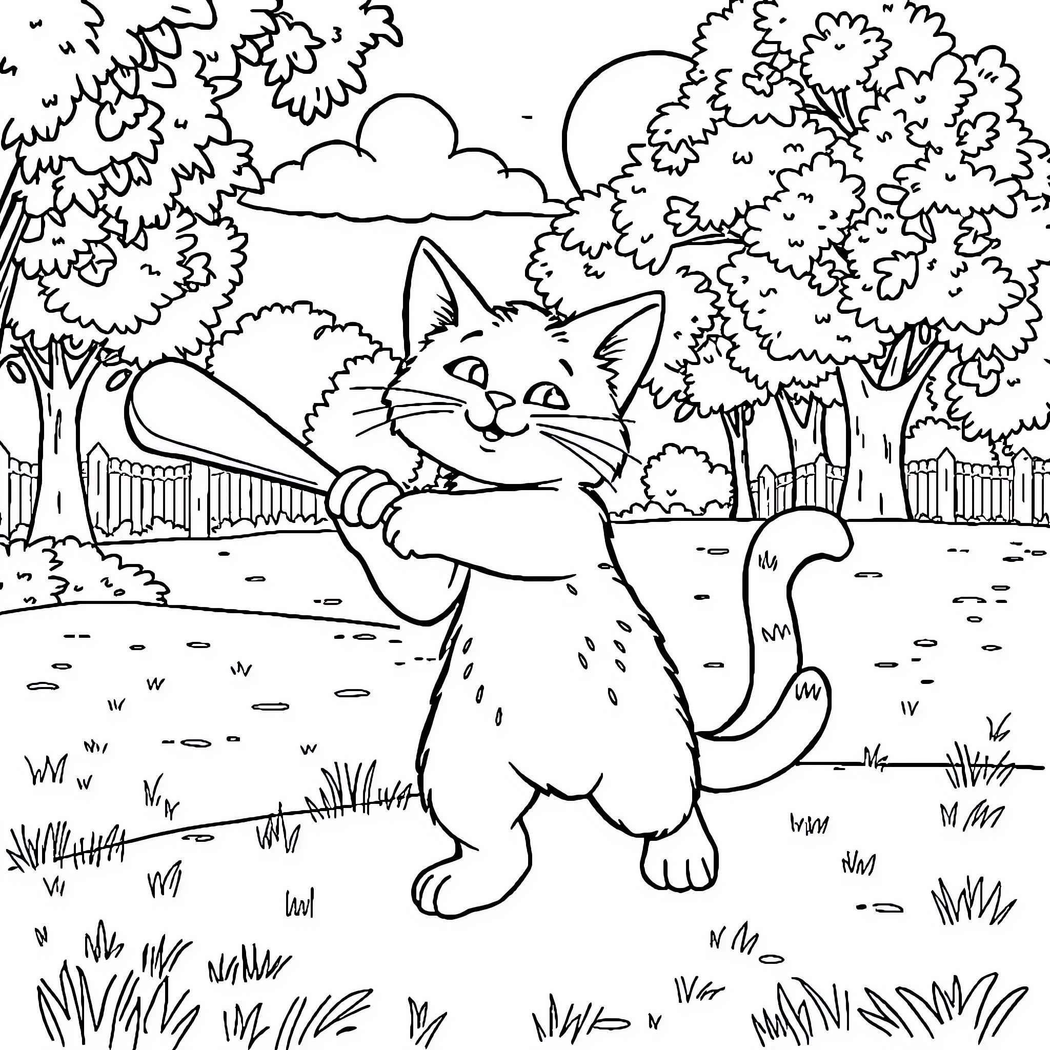 Cat exploring nature in the forest Coloring Page (free black-and-white line drawing printable PDF for all, from beginners to advanced learners, including children, teens, adults, and seniors)