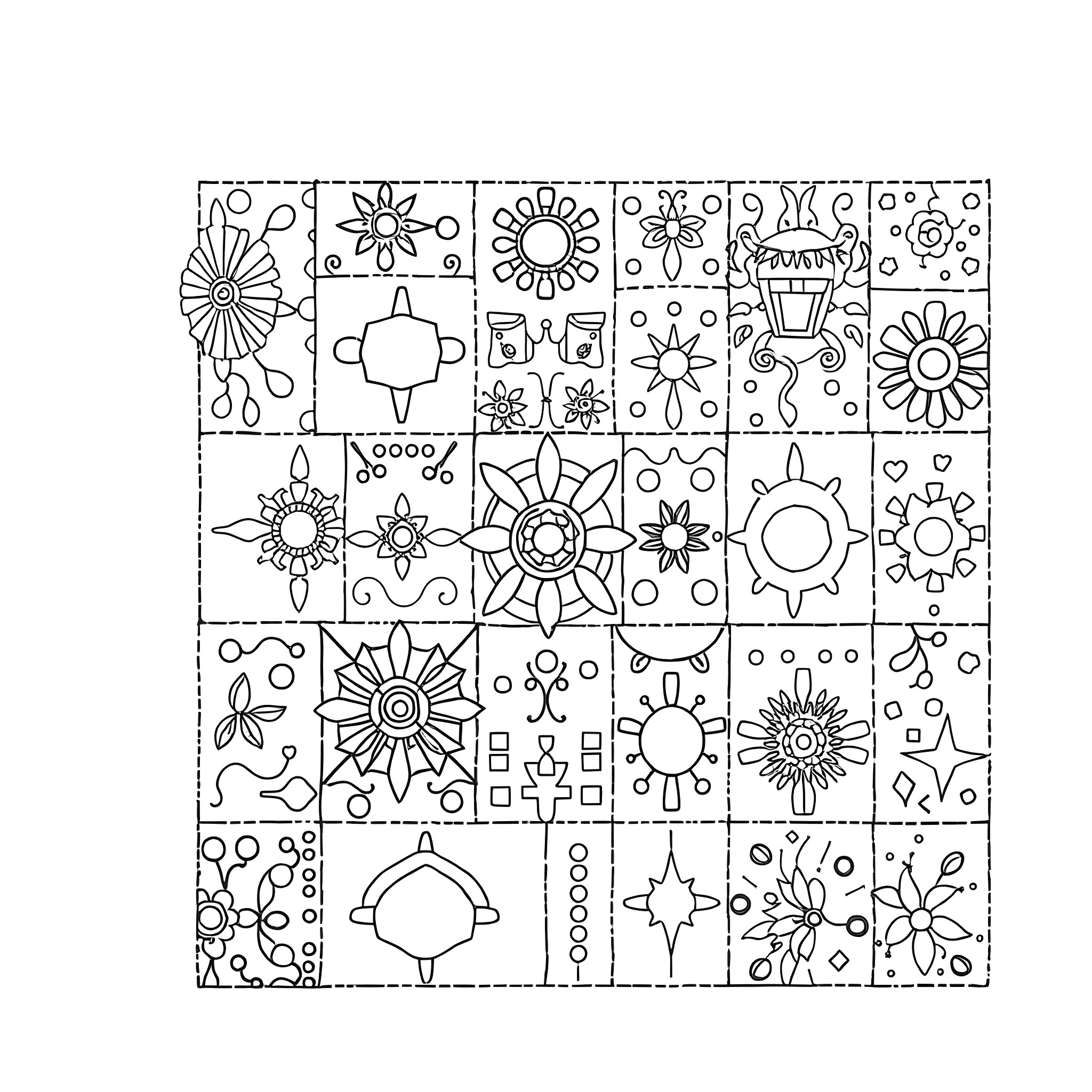 Patchwork of Whimsical Floral Designs Coloring Page (free black-and-white line drawing printable PDF for all, from beginners to advanced learners, including children, teens, adults, and seniors)
