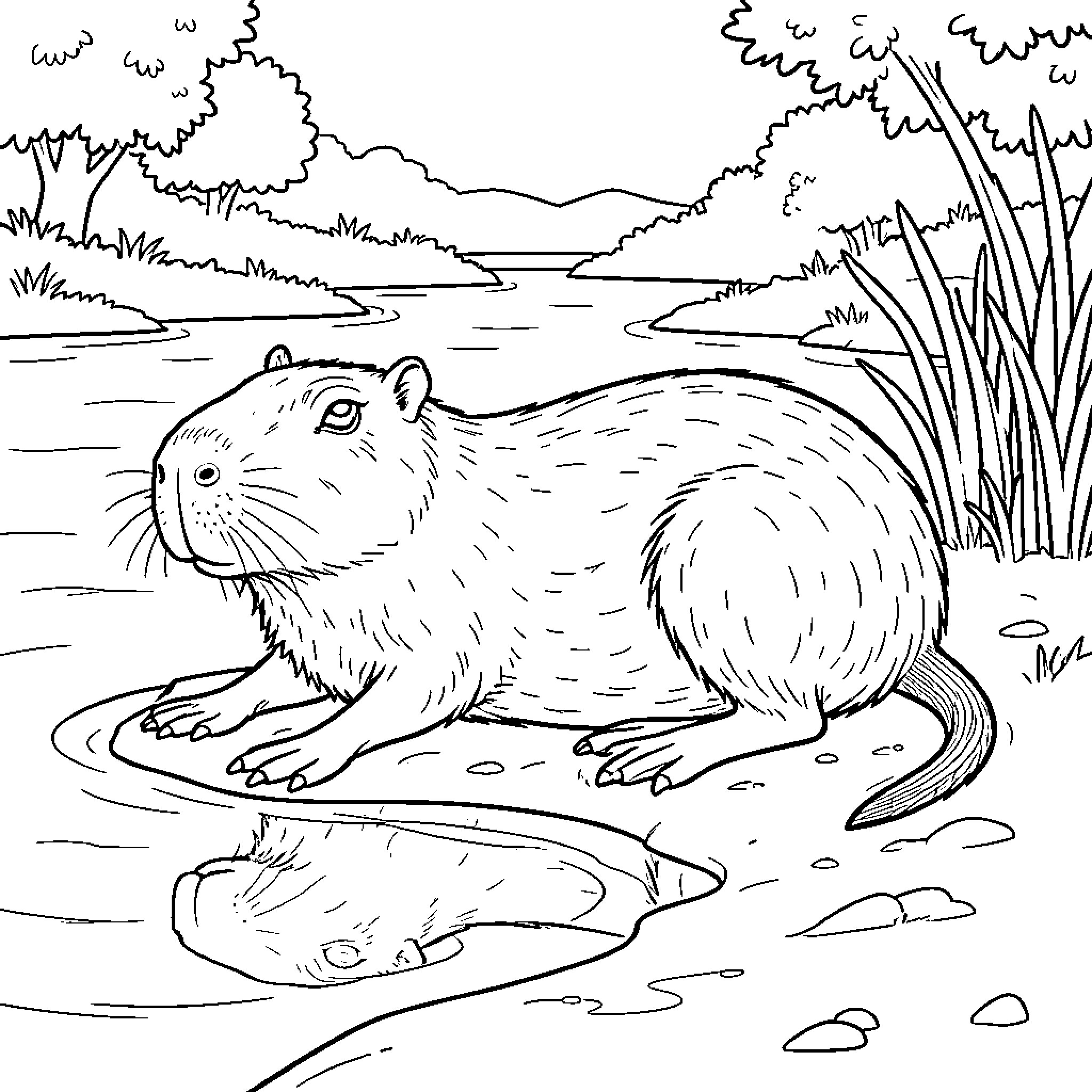Capybara sitting by the river looking at reflection Coloring Page (free black-and-white line drawing printable PDF for all, from beginners to advanced learners, including children, teens, adults, and seniors)