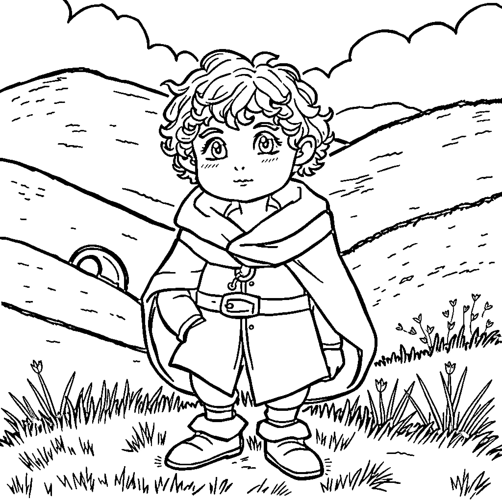 Frodo's Adventurous Journey in the Grasslands Coloring Page (free black-and-white line drawing printable PDF for all, from beginners to advanced learners, including children, teens, adults, and seniors)