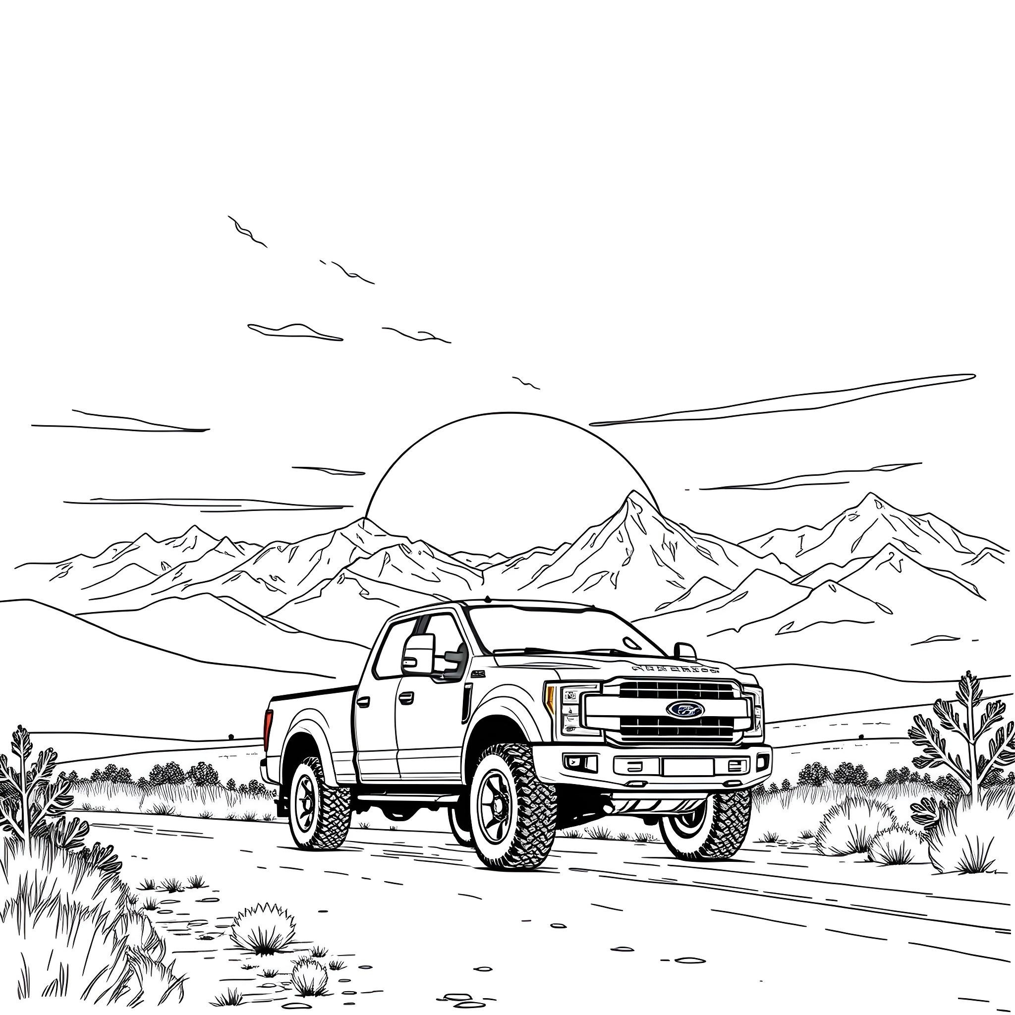 Truck traversing rugged mountain landscape Coloring Page (free black-and-white line drawing printable PDF for all, from beginners to advanced learners, including children, teens, adults, and seniors)