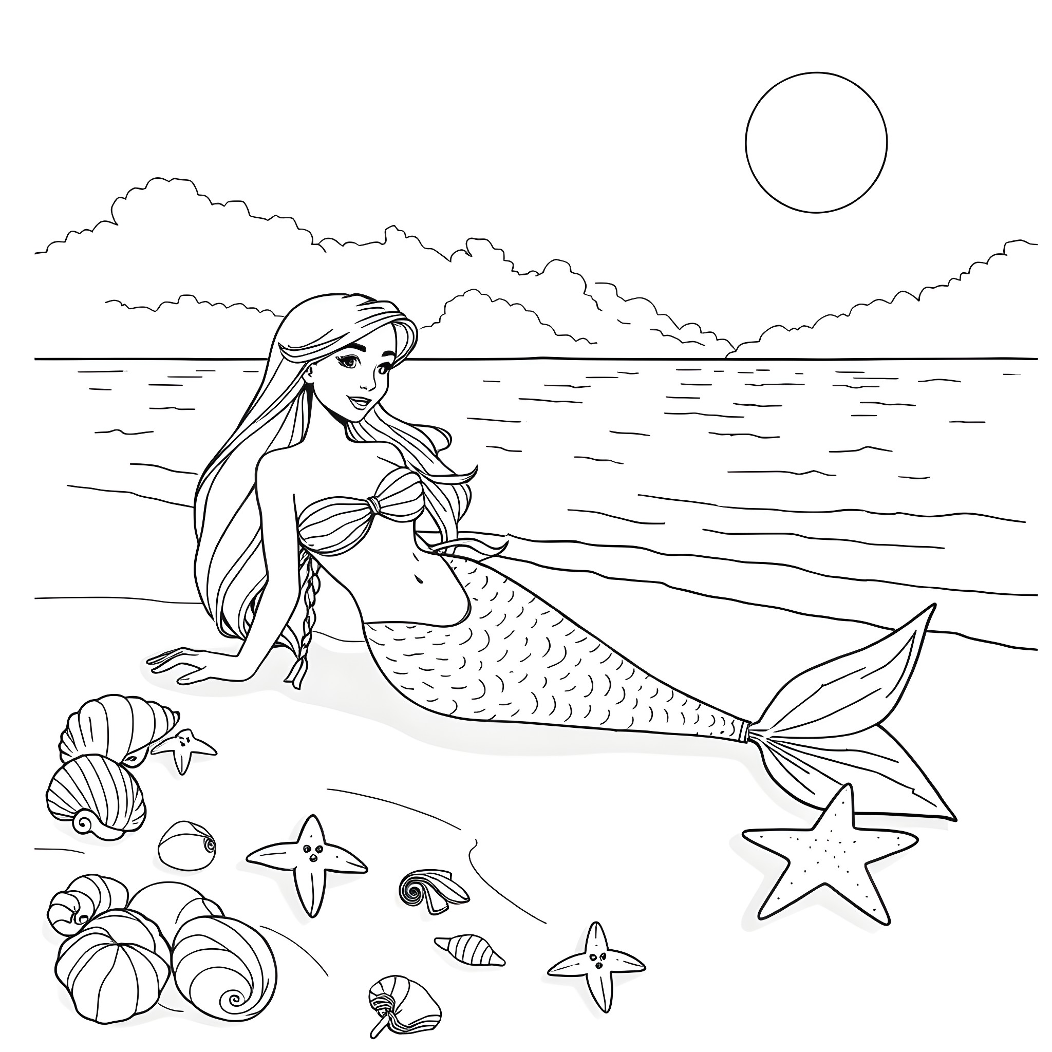 Mermaid lounging peacefully by the sea Coloring Page (free black-and-white line drawing printable PDF for all, from beginners to advanced learners, including children, teens, adults, and seniors)