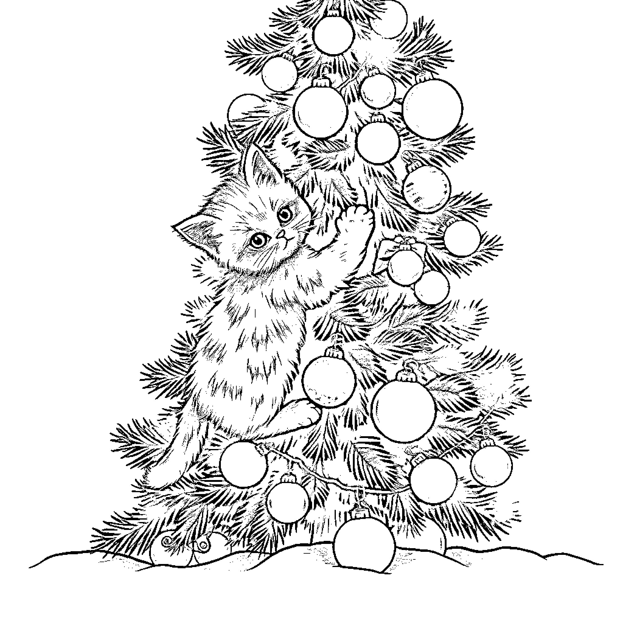 Kitten exploring Christmas tree ornaments Coloring Page (free black-and-white line drawing printable PDF for all, from beginners to advanced learners, including children, teens, adults, and seniors)