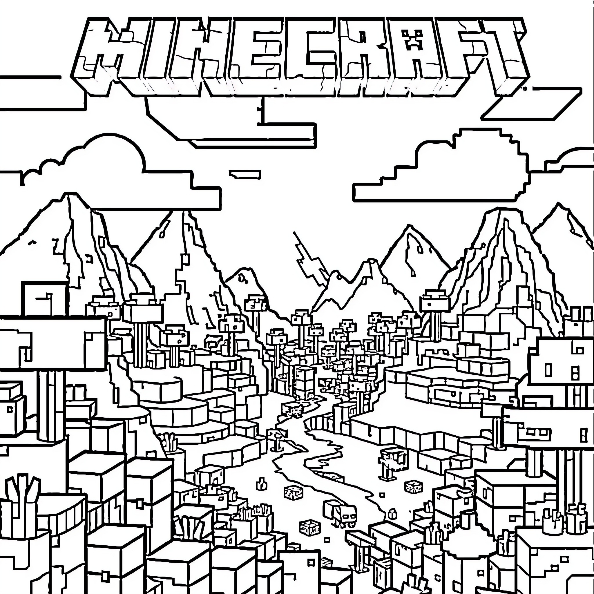 Minecraft: Expansive Blocky Landscape Coloring Page (free black-and-white line drawing printable PDF for all, from beginners to advanced learners, including children, teens, adults, and seniors)