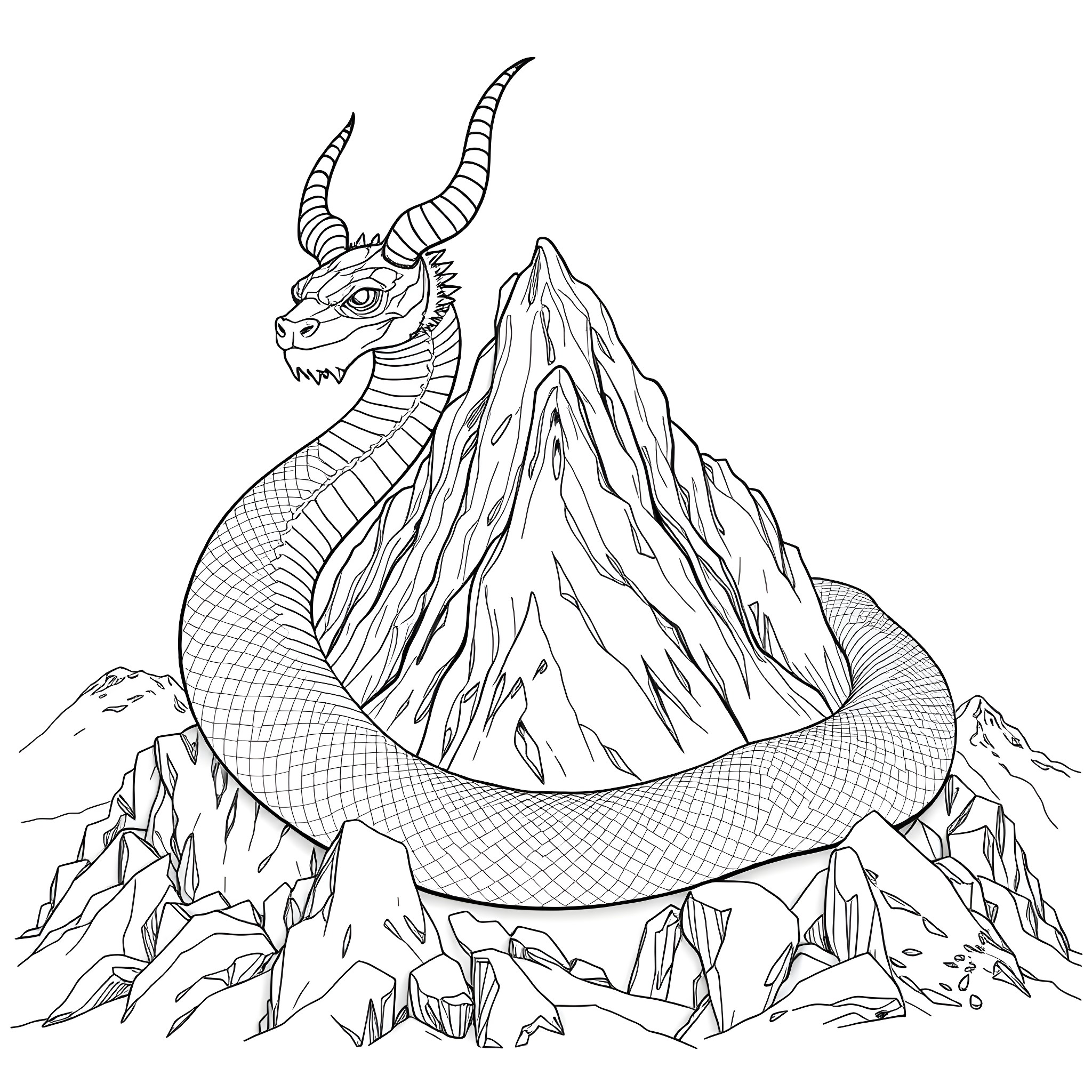 Uktena guardian dragon atop a majestic mountainous landscape Coloring Page (free black-and-white line drawing printable PDF for all, from beginners to advanced learners, including children, teens, adults, and seniors)