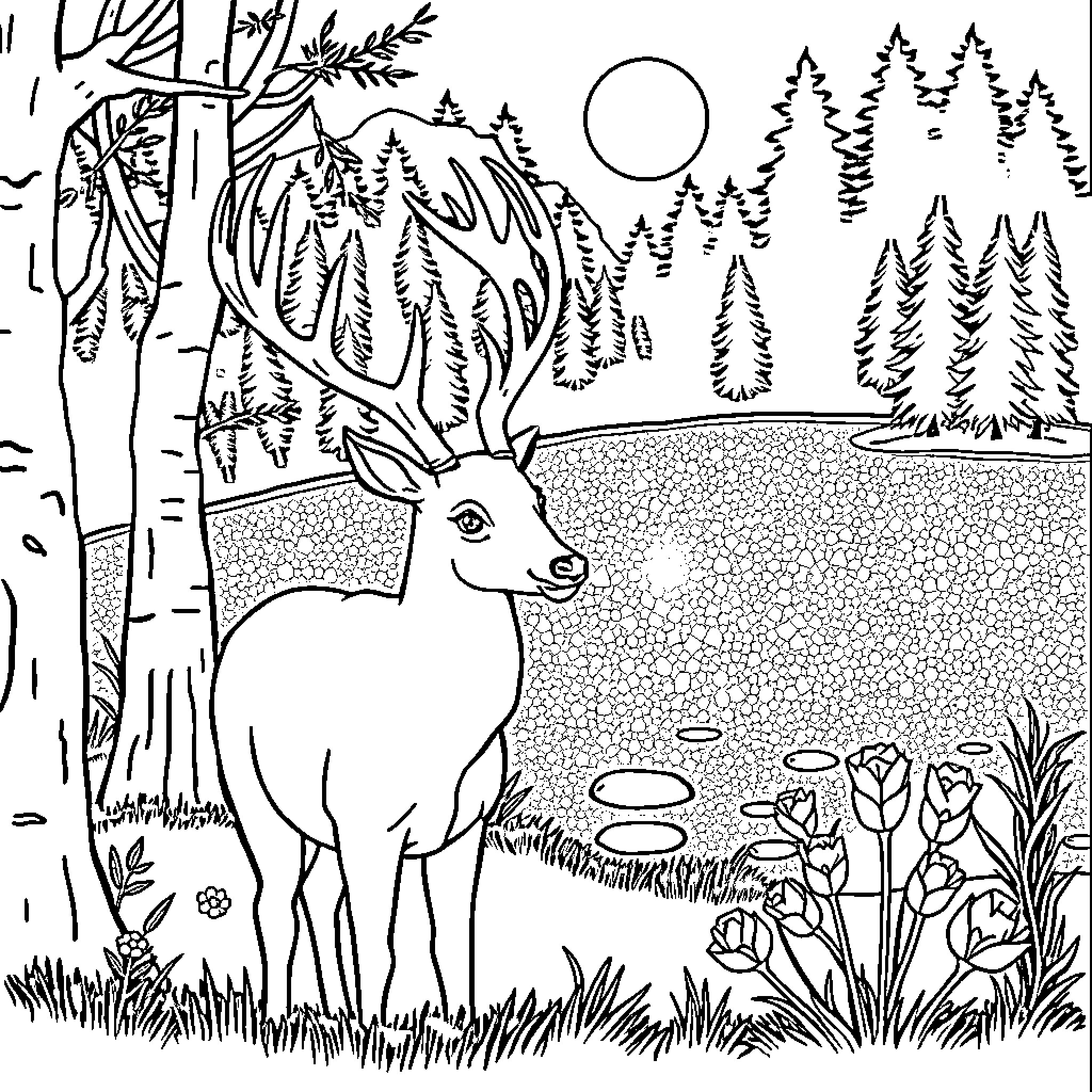 Deer standing in forest with trees and flowers Coloring Page (free black-and-white line drawing printable PDF for all, from beginners to advanced learners, including children, teens, adults, and seniors)
