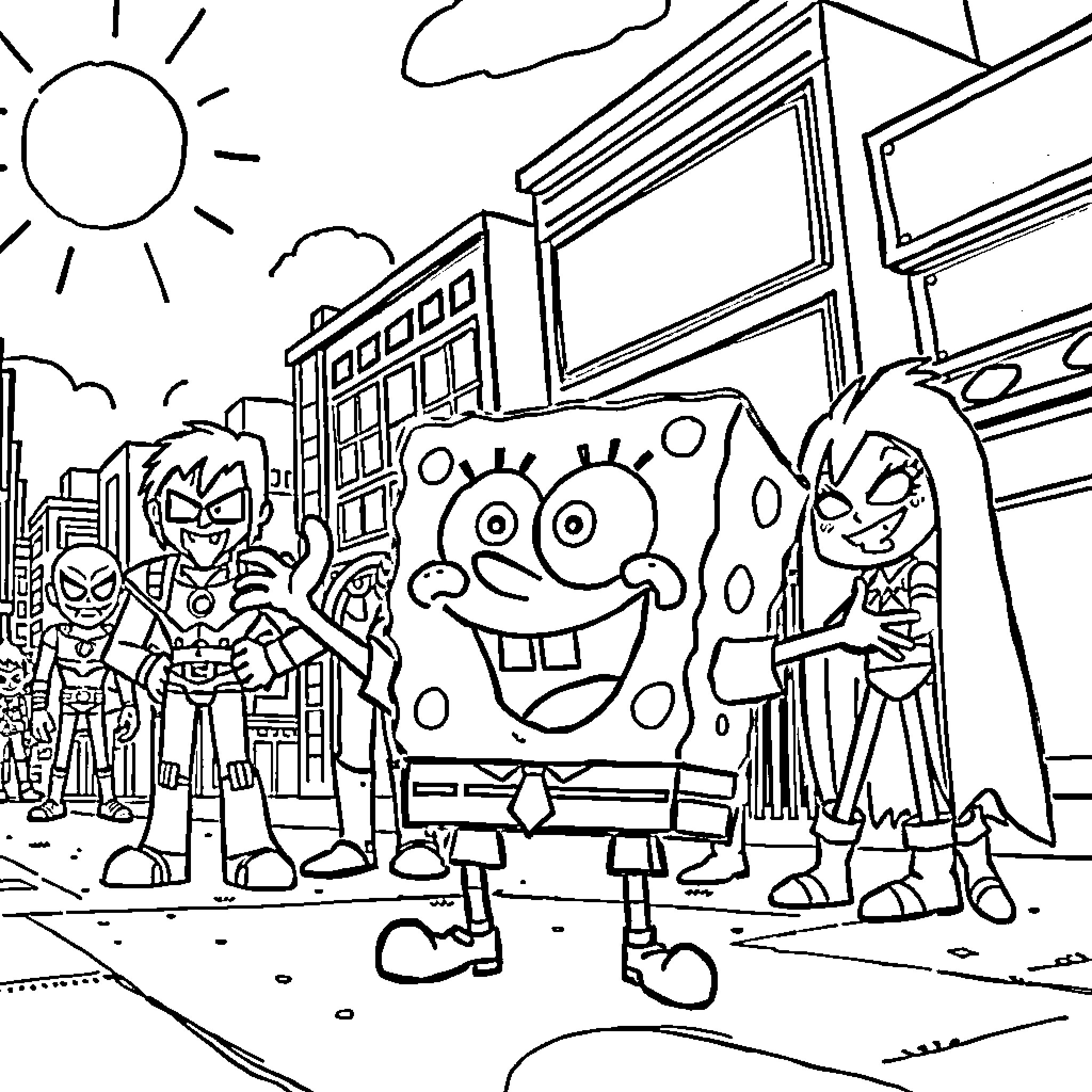 Spongebob and friends having an adventure in the city Coloring Page (free black-and-white line drawing printable PDF for all, from beginners to advanced learners, including children, teens, adults, and seniors)