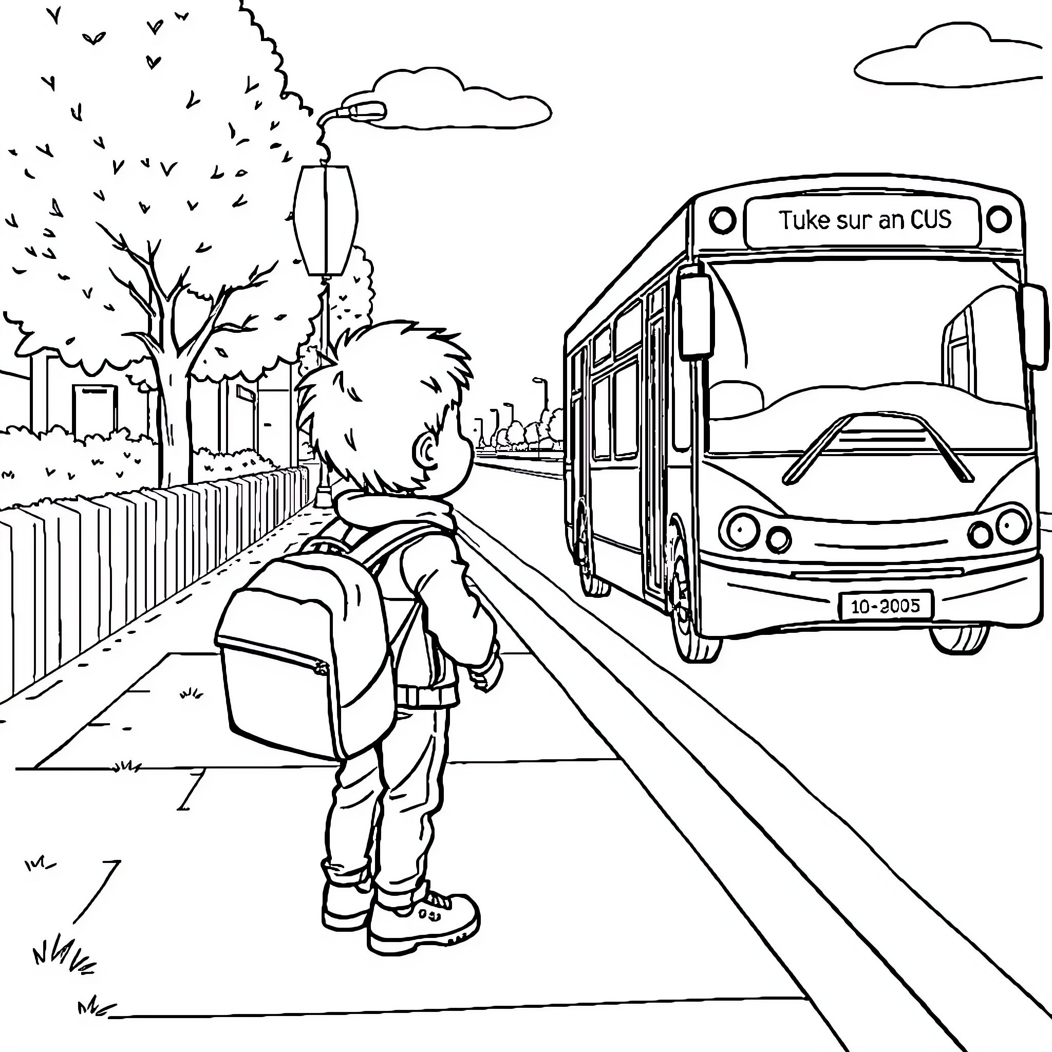 Boy waiting for the bus on a city street Coloring Page (free black-and-white line drawing printable PDF for all, from beginners to advanced learners, including children, teens, adults, and seniors)