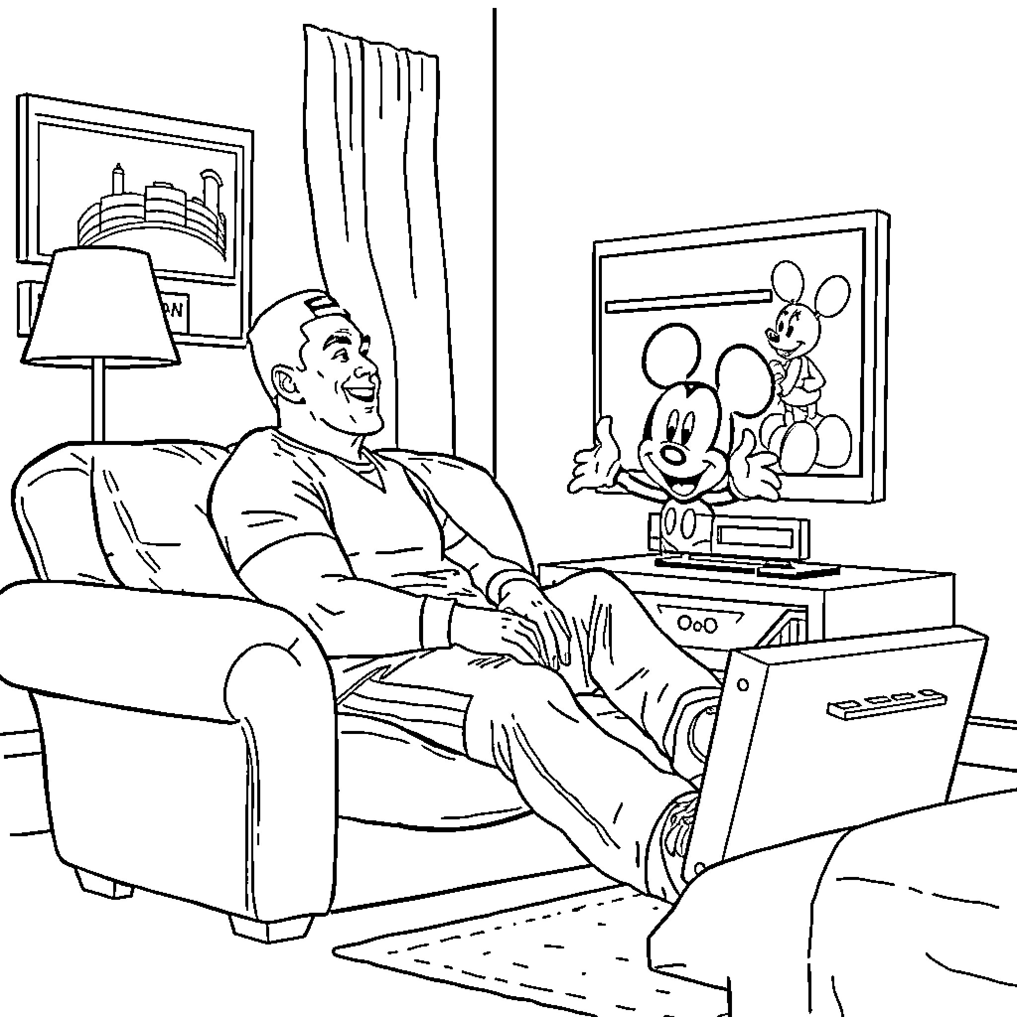 John Cena relaxing at home watching TV Coloring Page (free black-and-white line drawing printable PDF for all, from beginners to advanced learners, including children, teens, adults, and seniors)