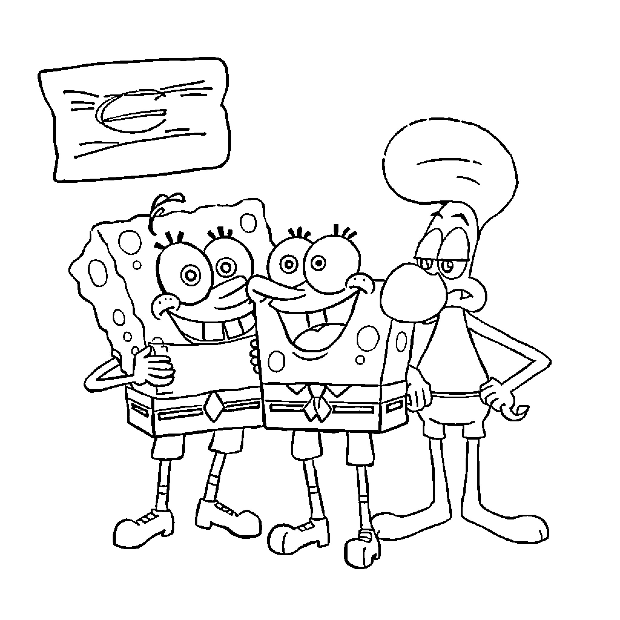 Spongebob and friends in a playful scene Coloring Page (free black-and-white line drawing printable PDF for all, from beginners to advanced learners, including children, teens, adults, and seniors)