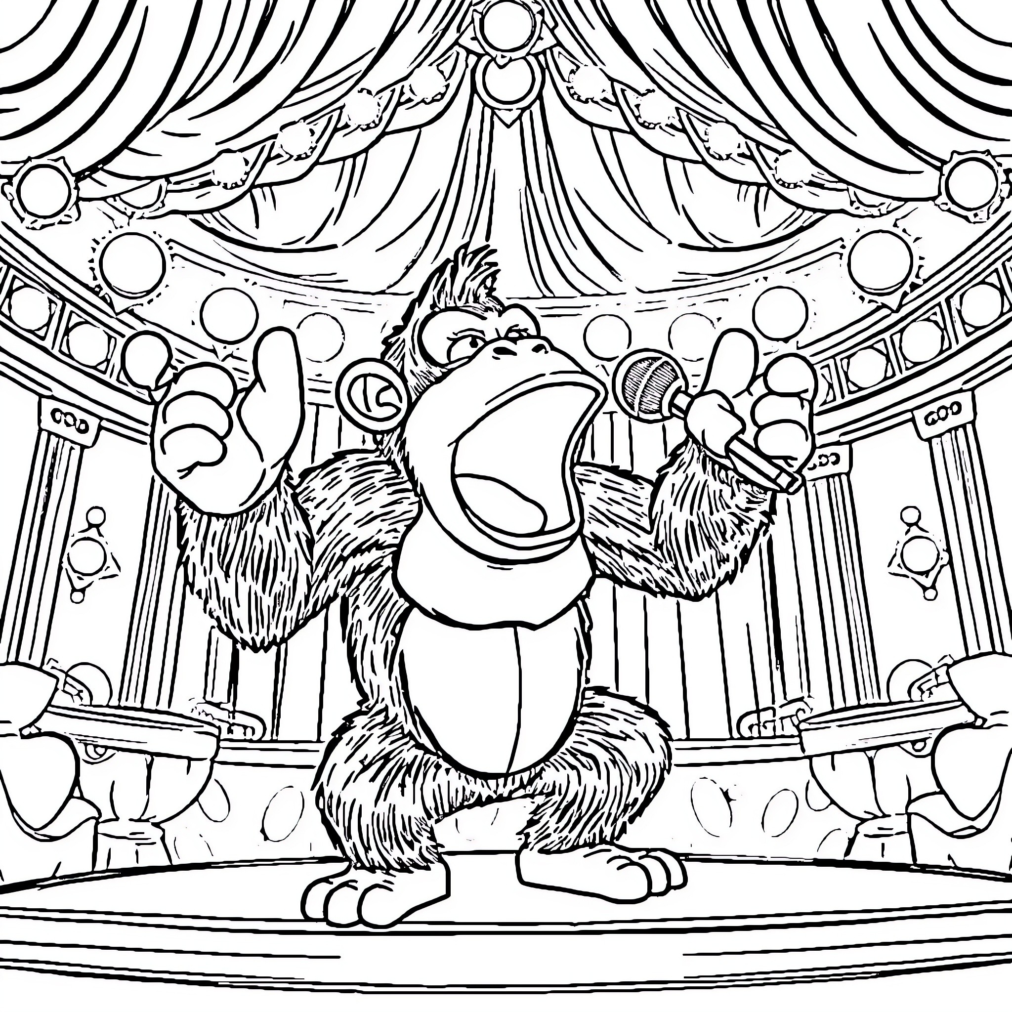 Donkey Kong performing in a circus-like stage Coloring Page (free black-and-white line drawing printable PDF for all, from beginners to advanced learners, including children, teens, adults, and seniors)