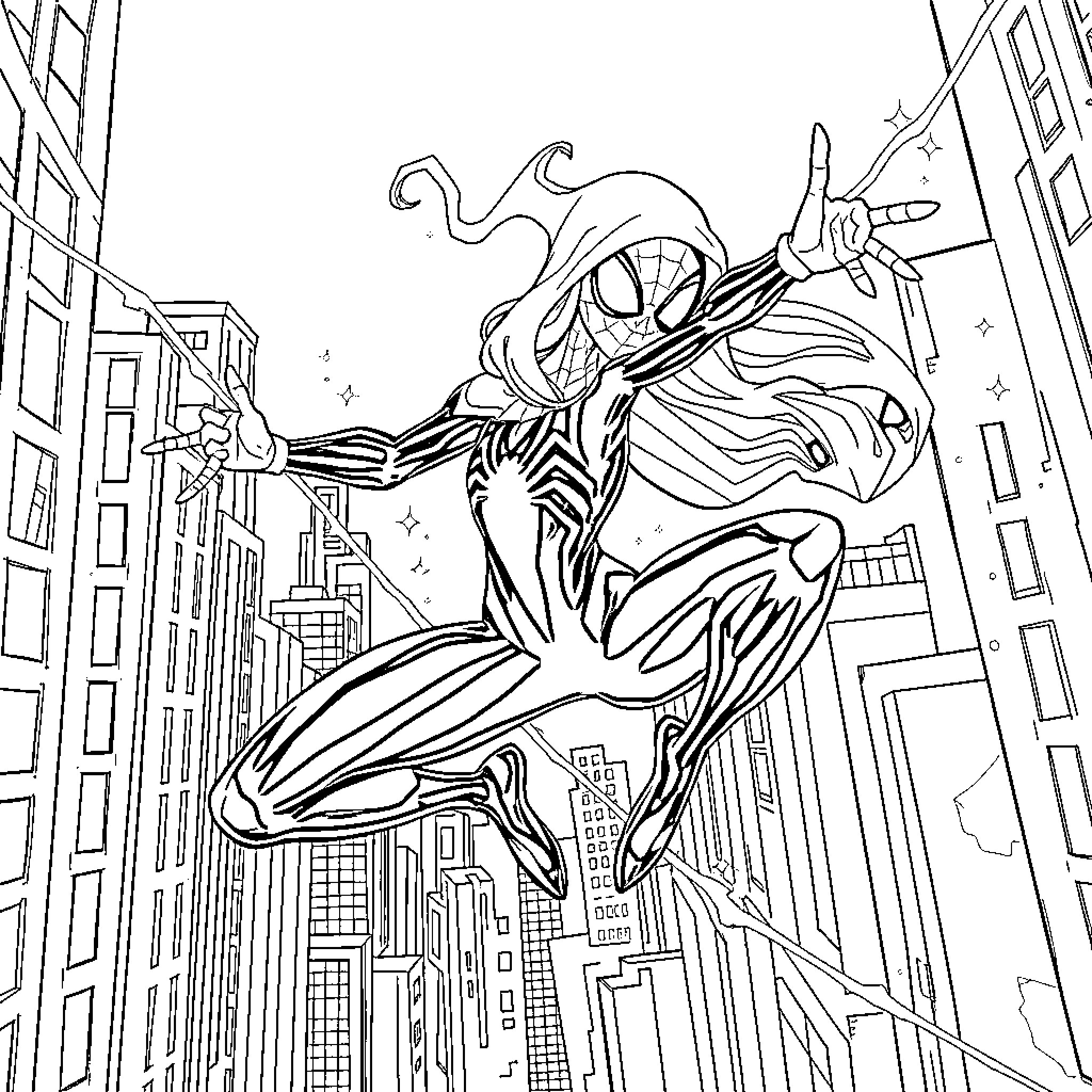 Ghostspider swinging through the city skyline Coloring Page (free black-and-white line drawing printable PDF for all, from beginners to advanced learners, including children, teens, adults, and seniors)
