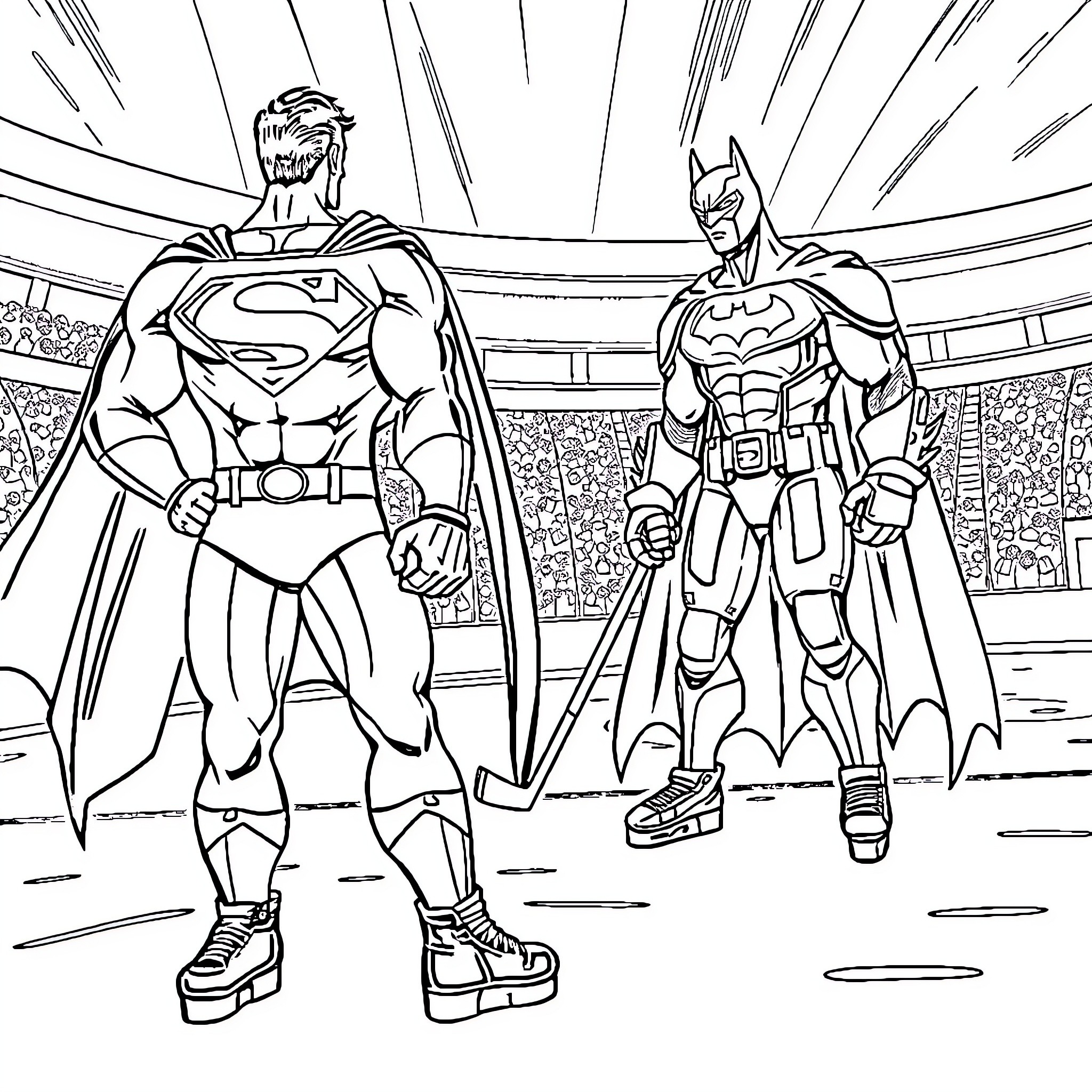 Superman and Batman facing off in superhero battle Coloring Page (free black-and-white line drawing printable PDF for all, from beginners to advanced learners, including children, teens, adults, and seniors)
