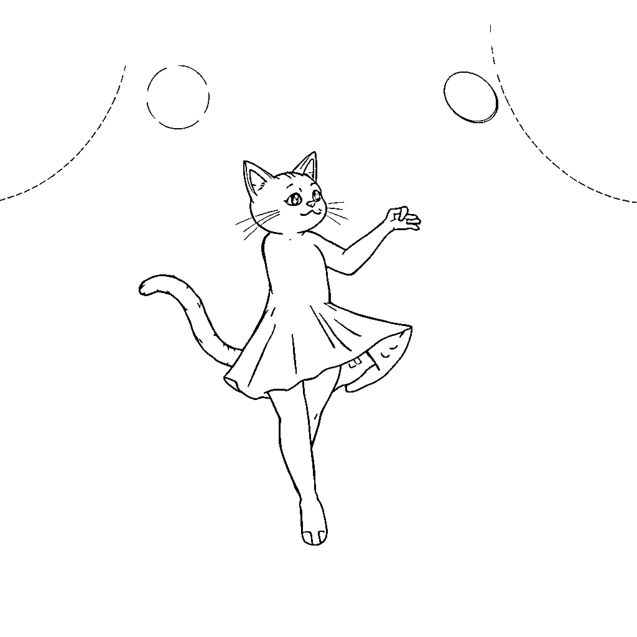Katseye dancing joyfully amidst whimsical orbs Coloring Page (free black-and-white line drawing printable PDF for all, from beginners to advanced learners, including children, teens, adults, and seniors)