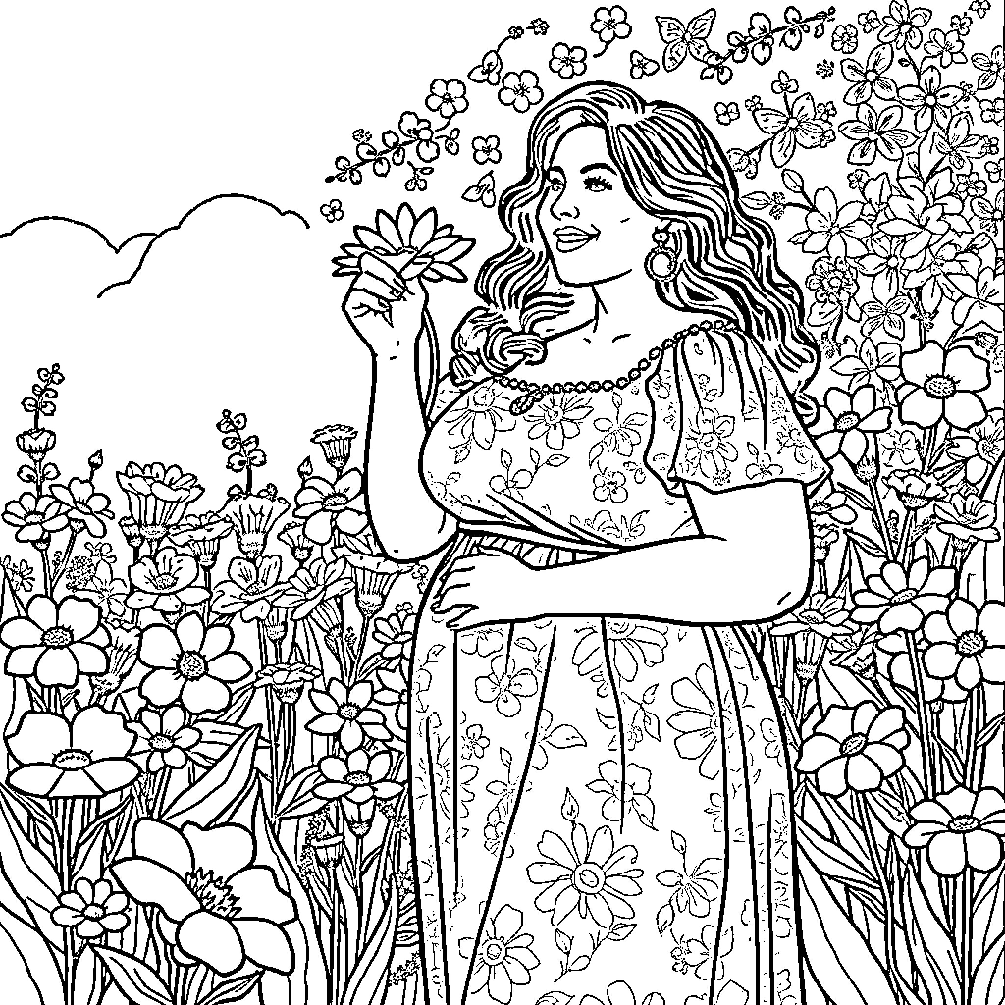 Woman surrounded by beautiful flowers in a garden Coloring Page (free black-and-white line drawing printable PDF for all, from beginners to advanced learners, including children, teens, adults, and seniors)