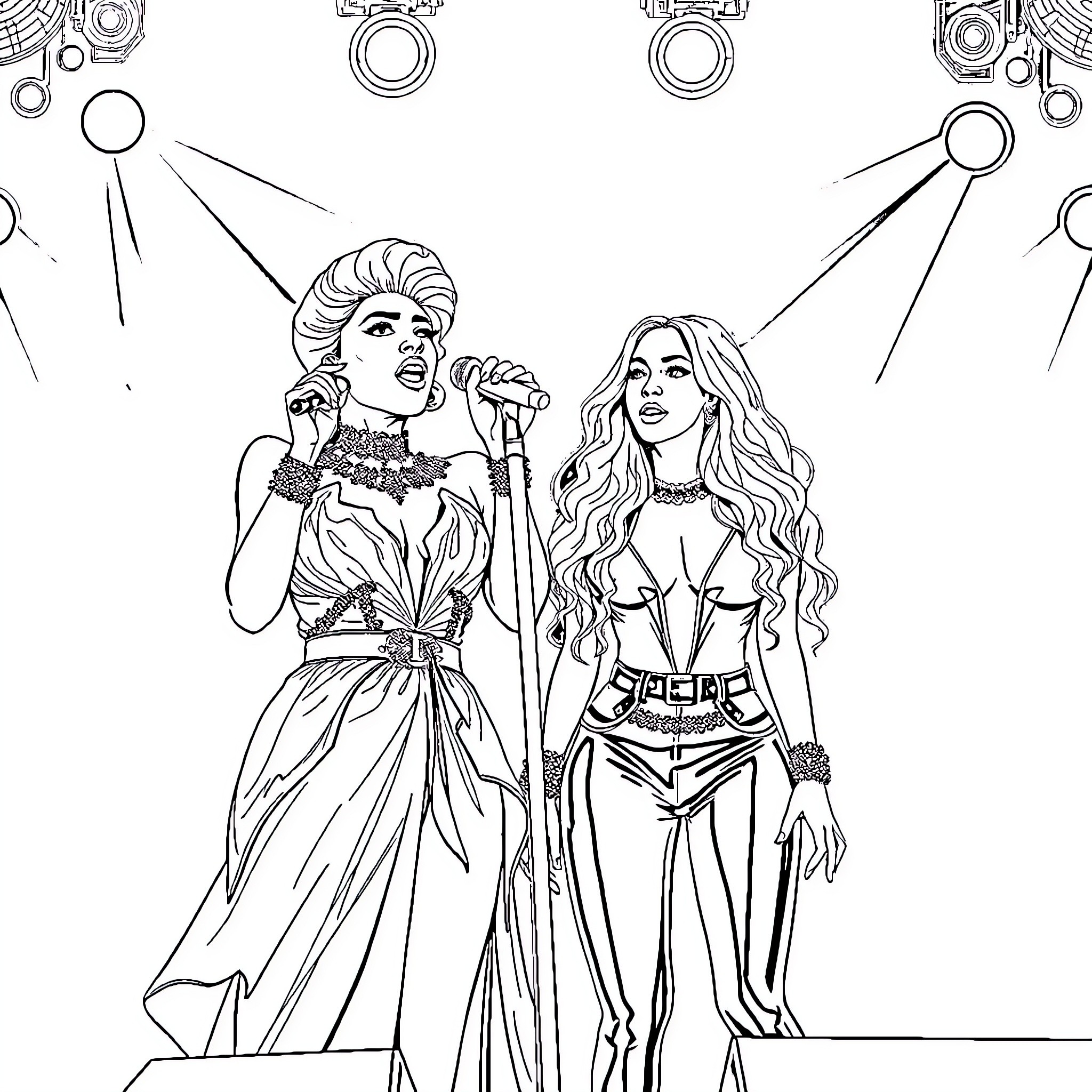 Lady Gaga and Shakira Perform Together on Stage Coloring Page (free black-and-white line drawing printable PDF for all, from beginners to advanced learners, including children, teens, adults, and seniors)