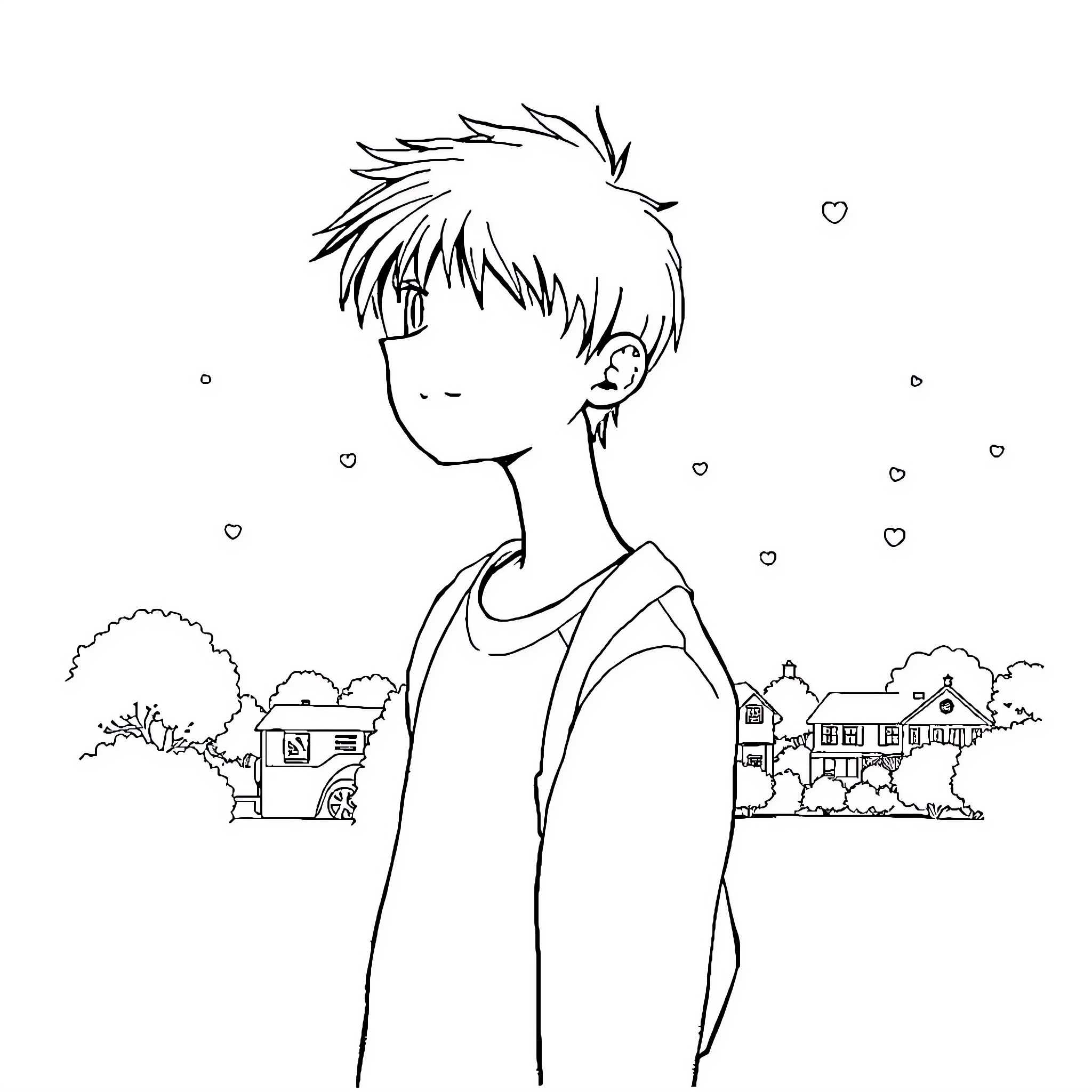 Boy in thought amidst a whimsical scene Coloring Page (free black-and-white line drawing printable PDF for all, from beginners to advanced learners, including children, teens, adults, and seniors)