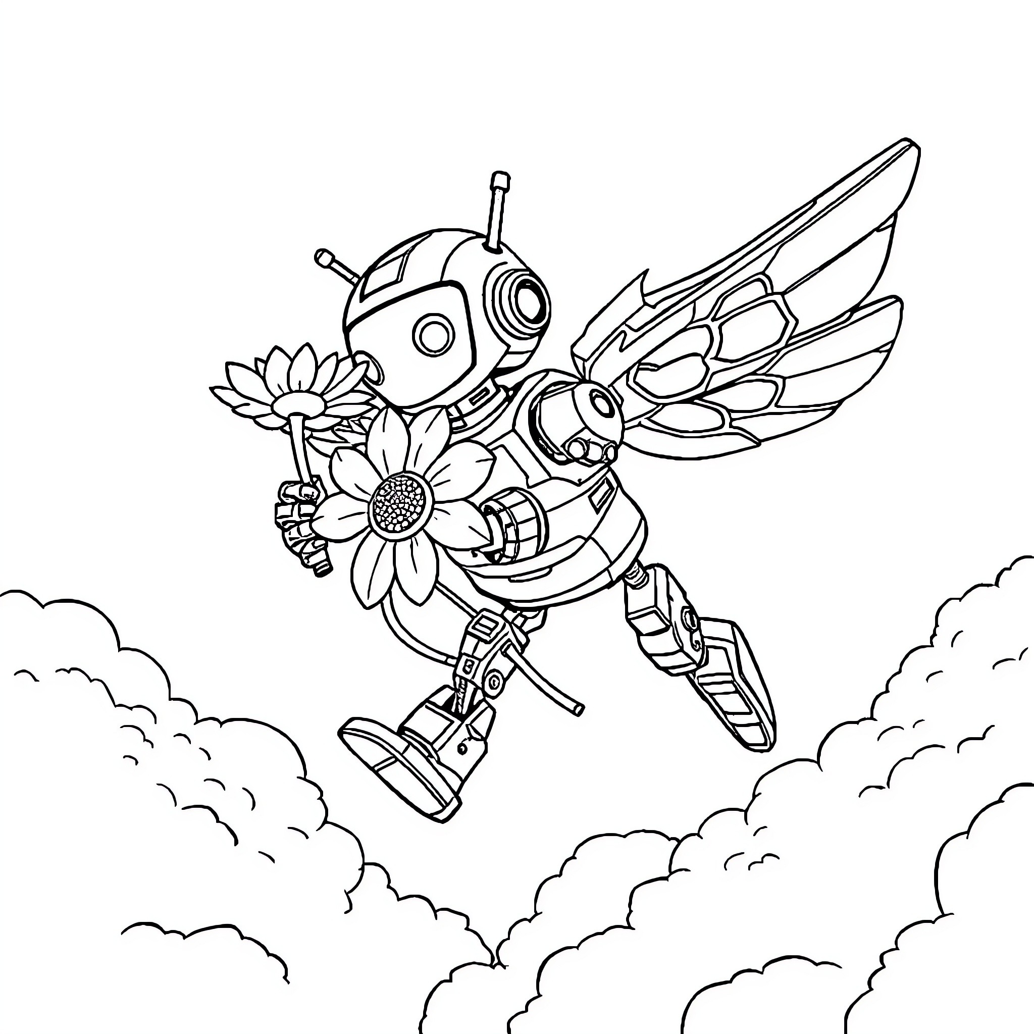 Flying Robot with Flower Bouquet in the Sky Coloring Page (free black-and-white line drawing printable PDF for all, from beginners to advanced learners, including children, teens, adults, and seniors)