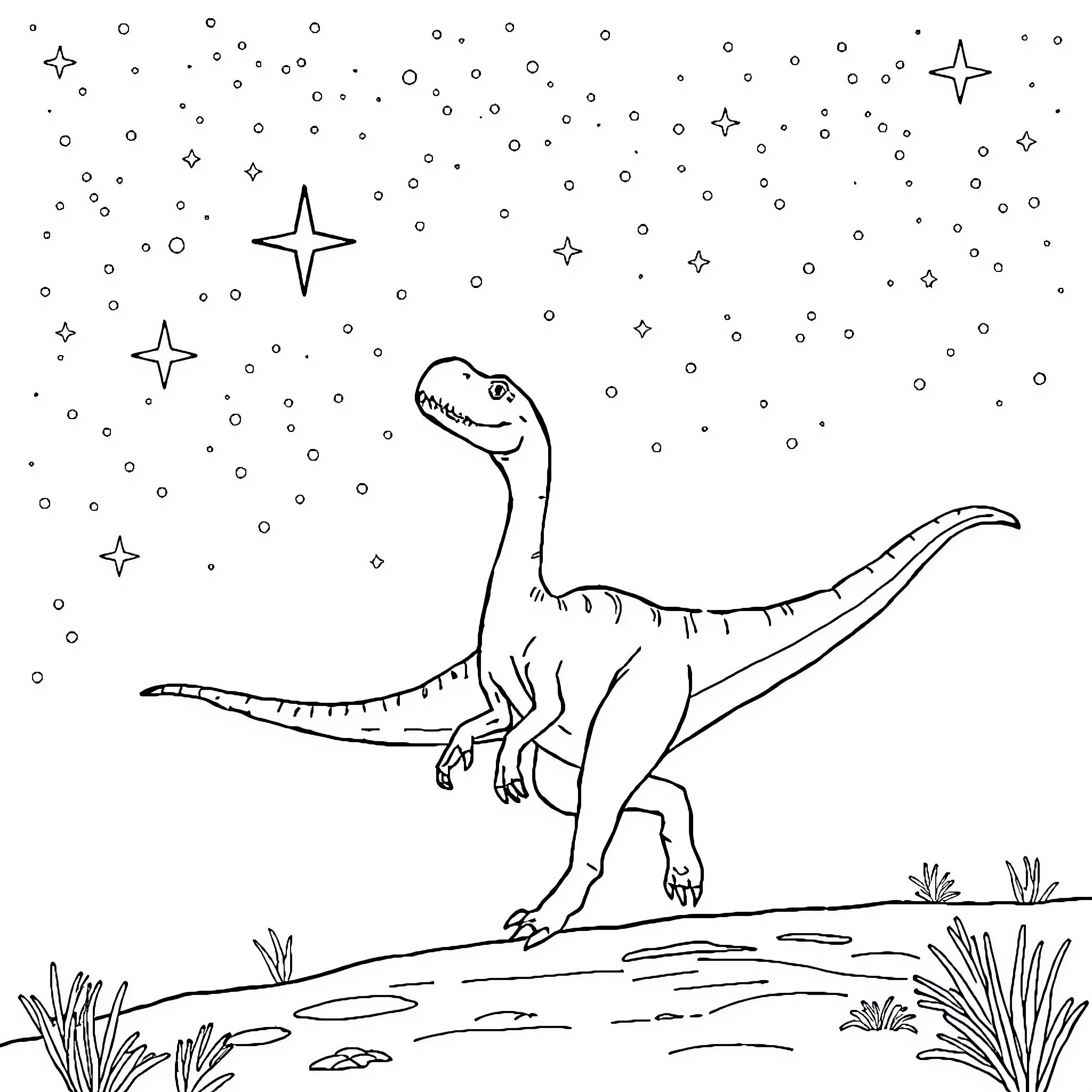 Diplodocus exploring the starry night Coloring Page (free black-and-white line drawing printable PDF for all, from beginners to advanced learners, including children, teens, adults, and seniors)