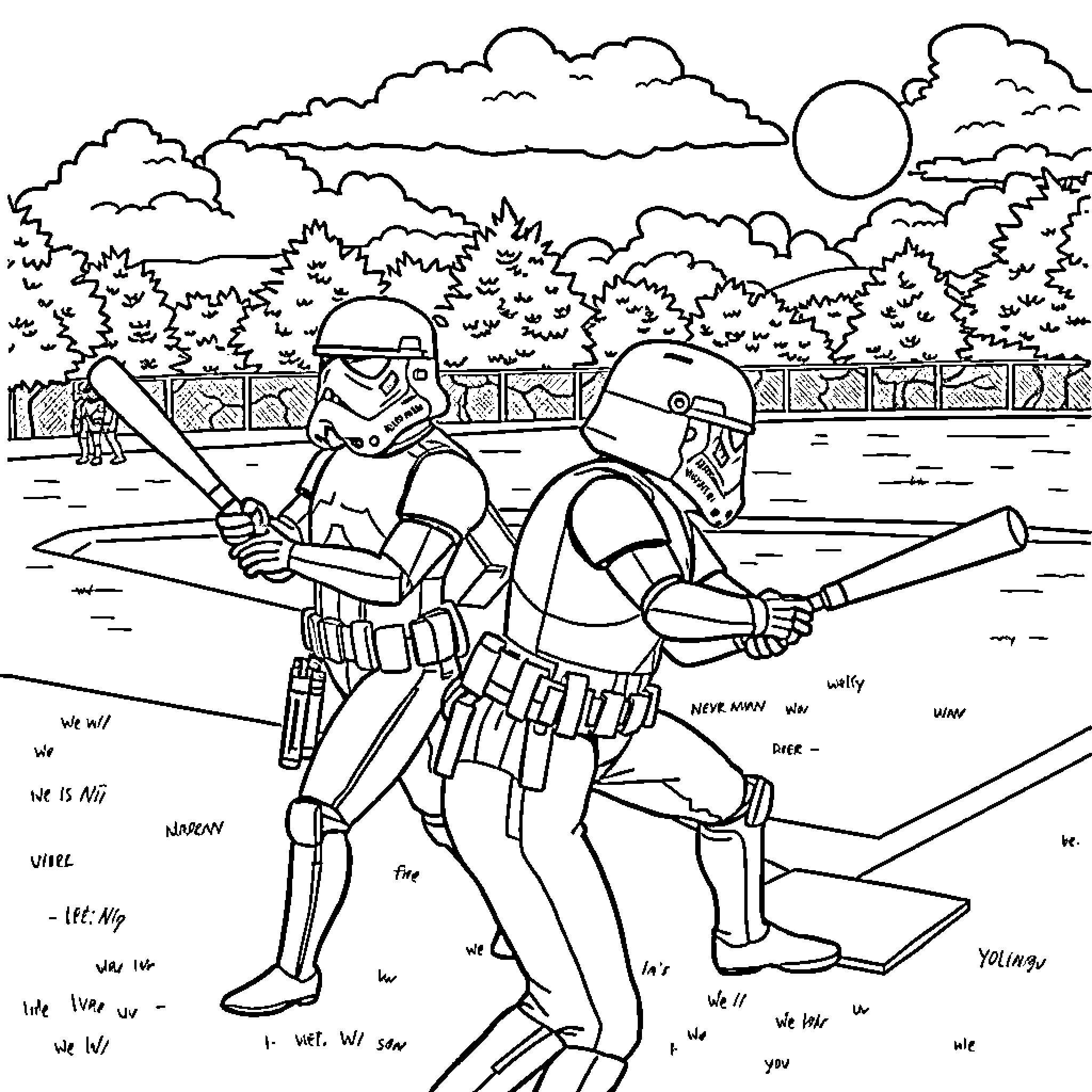 Stormtroopers on patrol in outdoor setting Coloring Page (free black-and-white line drawing printable PDF for all, from beginners to advanced learners, including children, teens, adults, and seniors)
