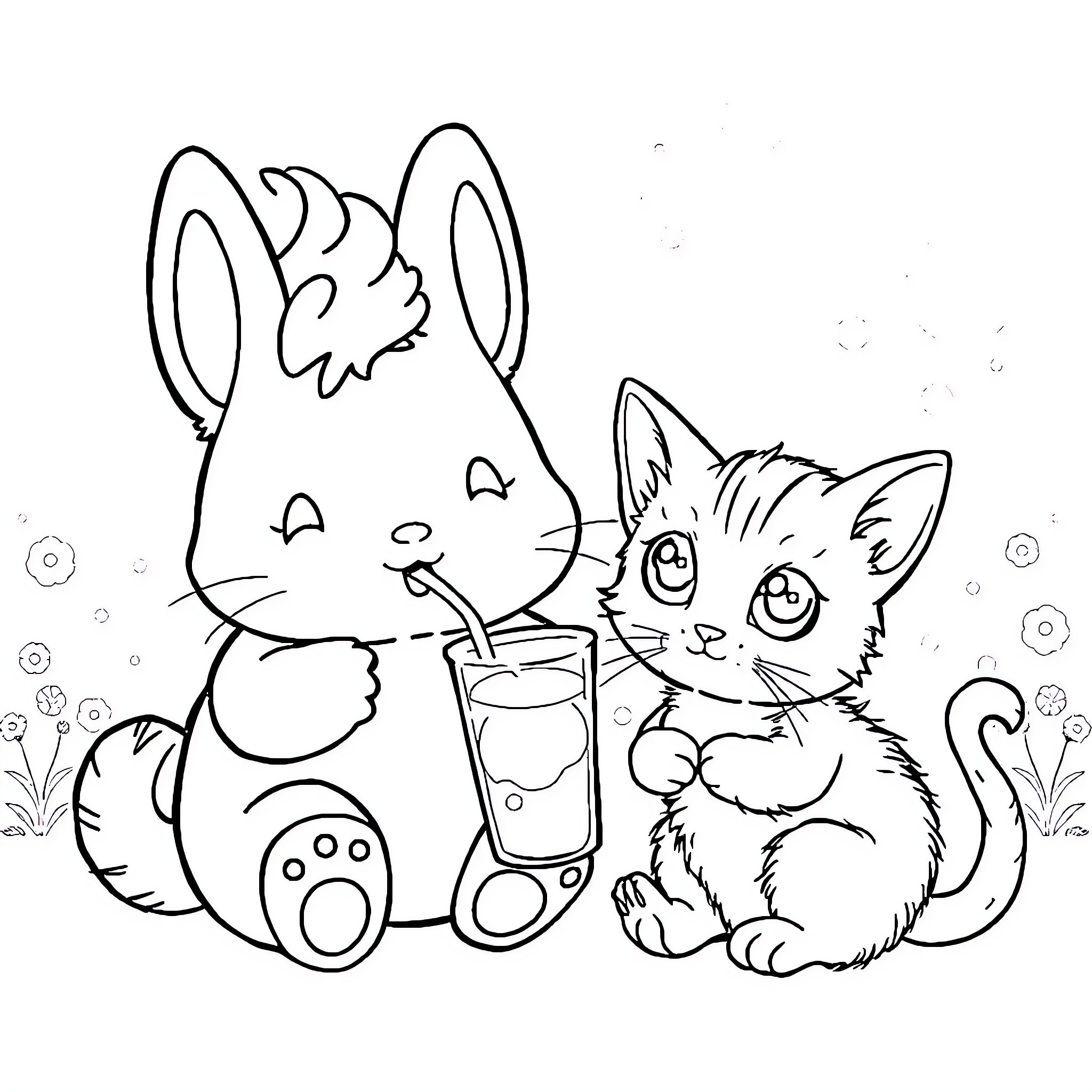 Cinnamaroll and Kitty Enjoy Refreshments Coloring Page (free black-and-white line drawing printable PDF for all, from beginners to advanced learners, including children, teens, adults, and seniors)