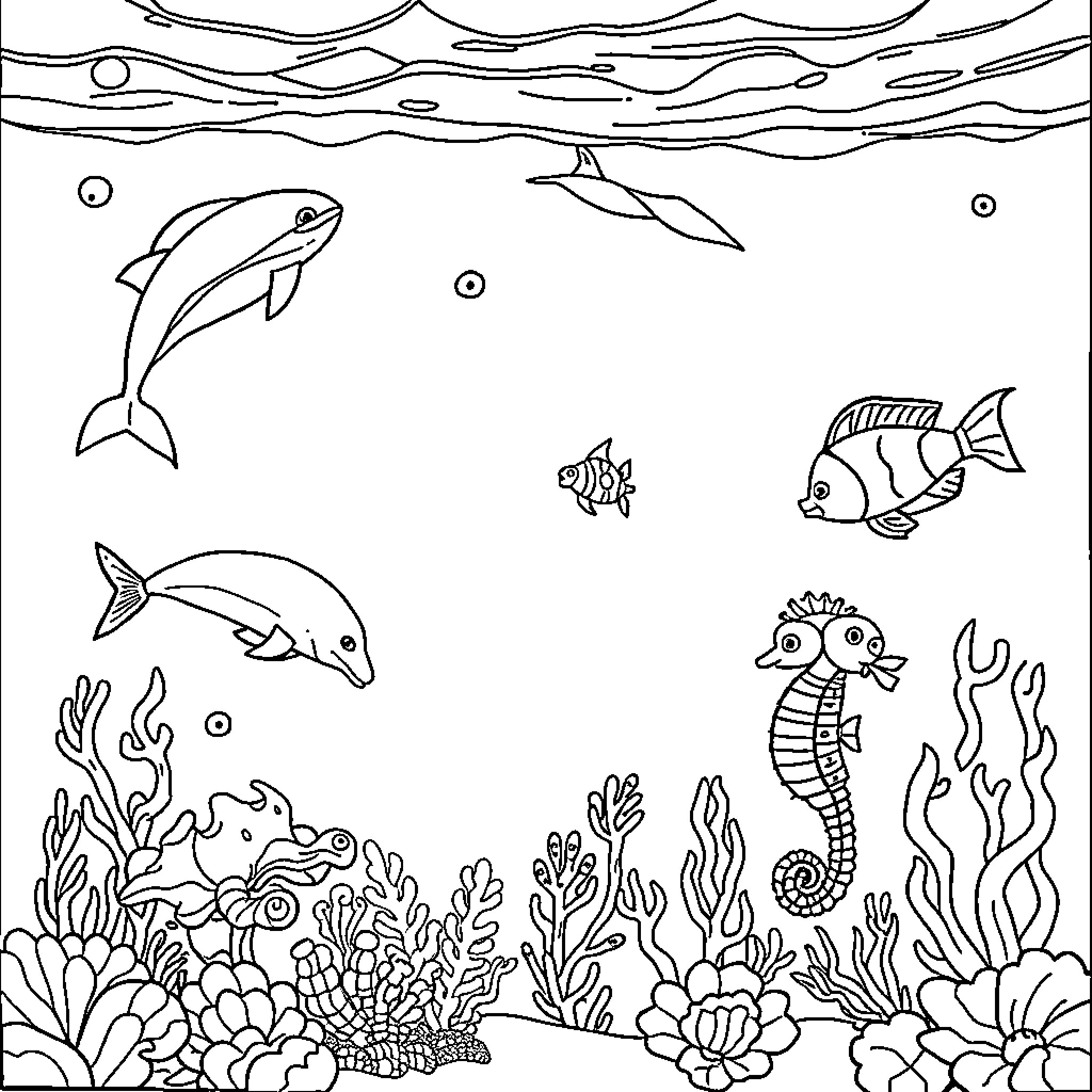 Sea Creature Underwater World with Marine Life Coloring Page (free black-and-white line drawing printable PDF for all, from beginners to advanced learners, including children, teens, adults, and seniors)