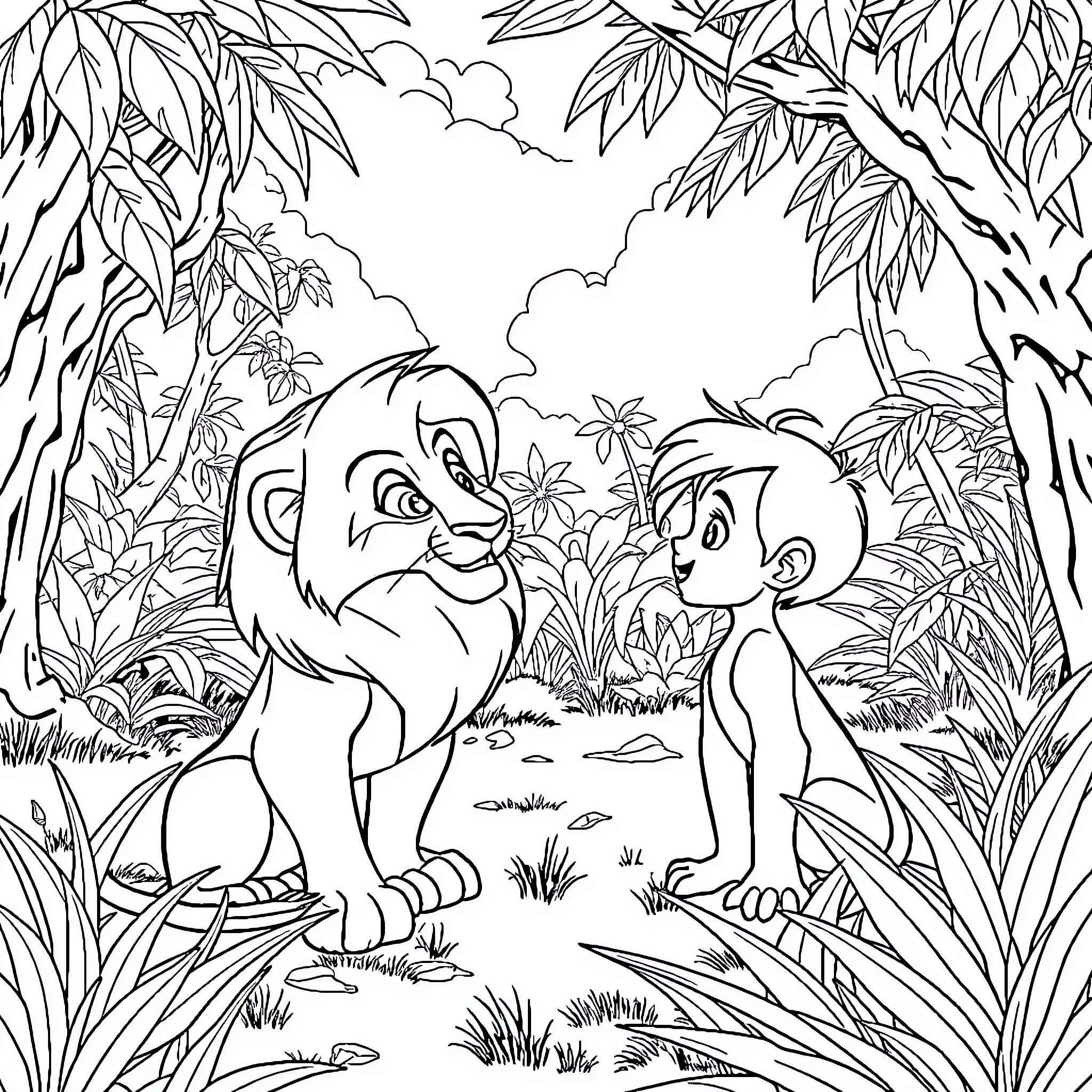 Simba and Nala exploring the lush jungle Coloring Page (free black-and-white line drawing printable PDF for all, from beginners to advanced learners, including children, teens, adults, and seniors)
