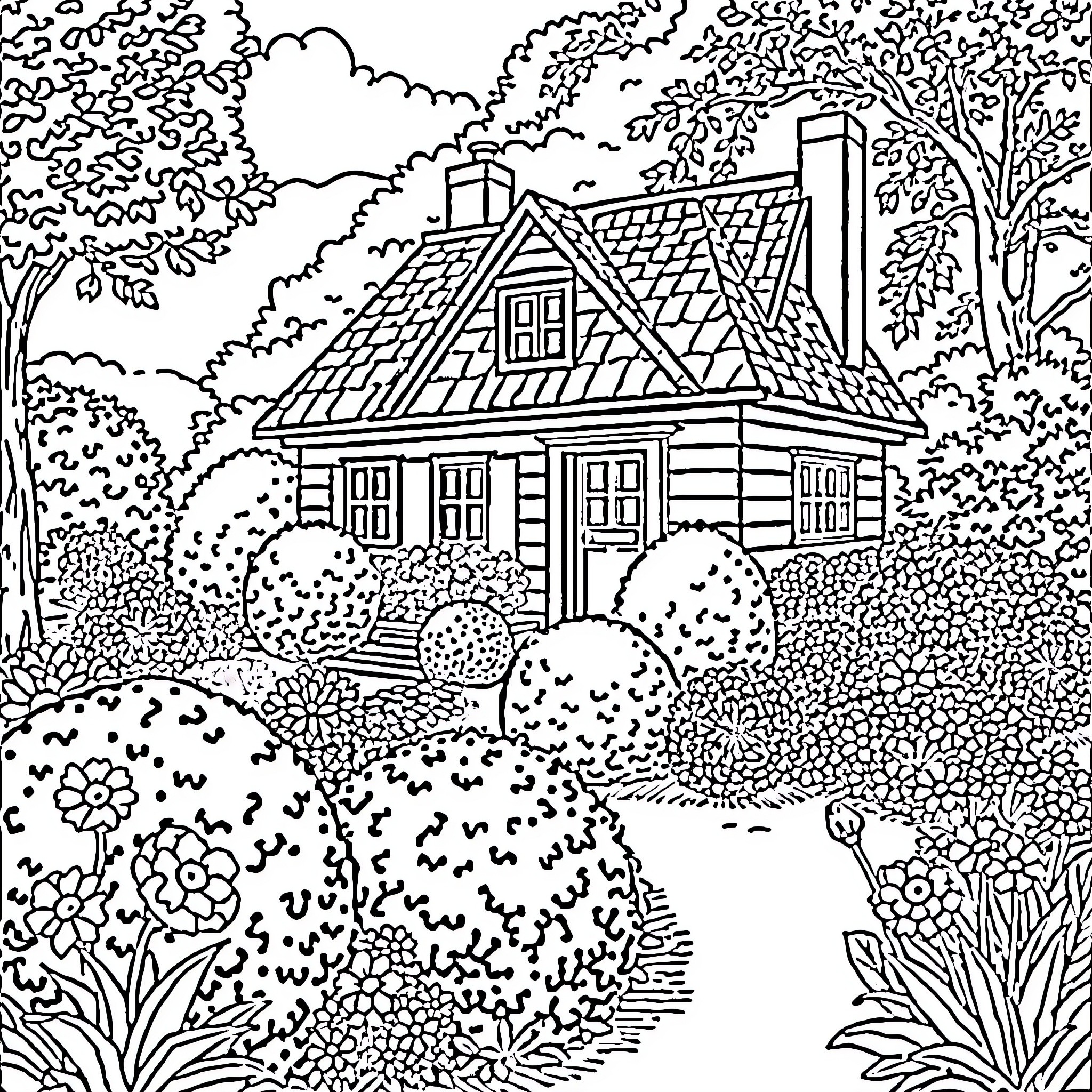 House and Garden surrounded by flowers and trees Coloring Page (free black-and-white line drawing printable PDF for all, from beginners to advanced learners, including children, teens, adults, and seniors)