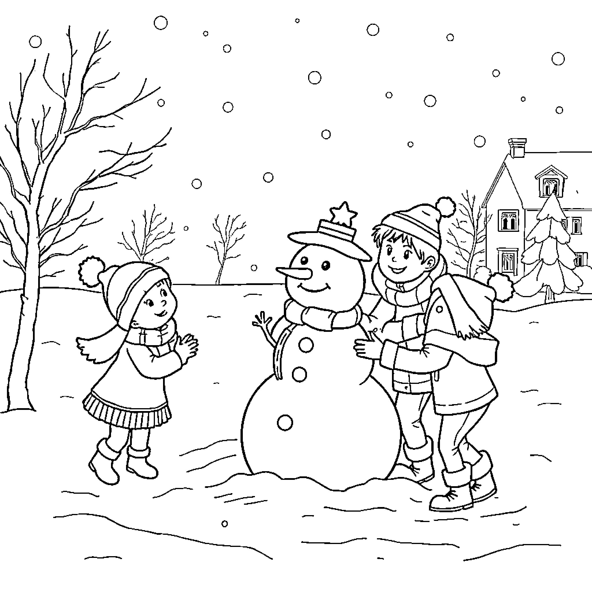 Family Building Snowman in Snowy Winter Landscape Coloring Page (free black-and-white line drawing printable PDF for all, from beginners to advanced learners, including children, teens, adults, and seniors)