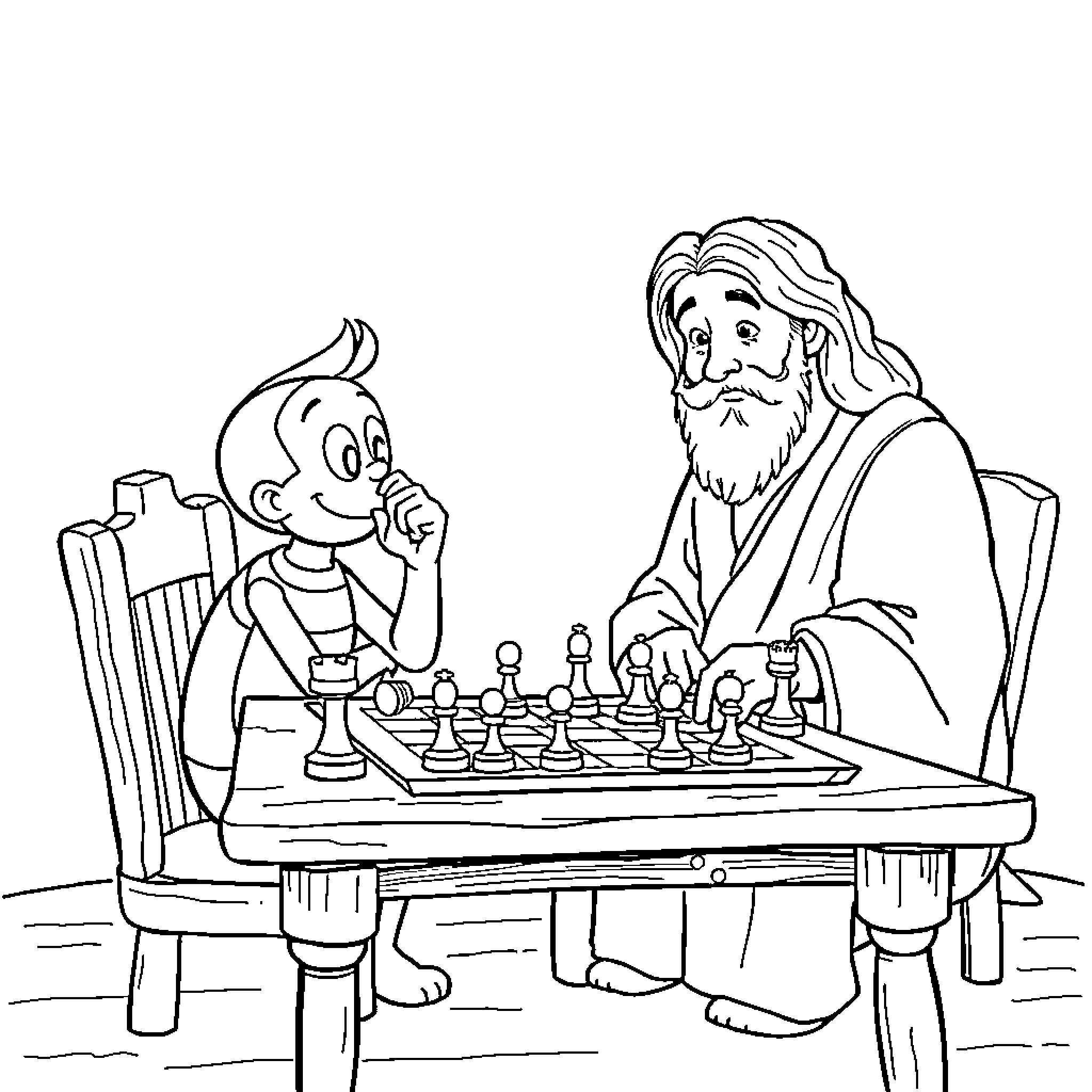 Jack plays chess with an elder Coloring Page (free black-and-white line drawing printable PDF for all, from beginners to advanced learners, including children, teens, adults, and seniors)