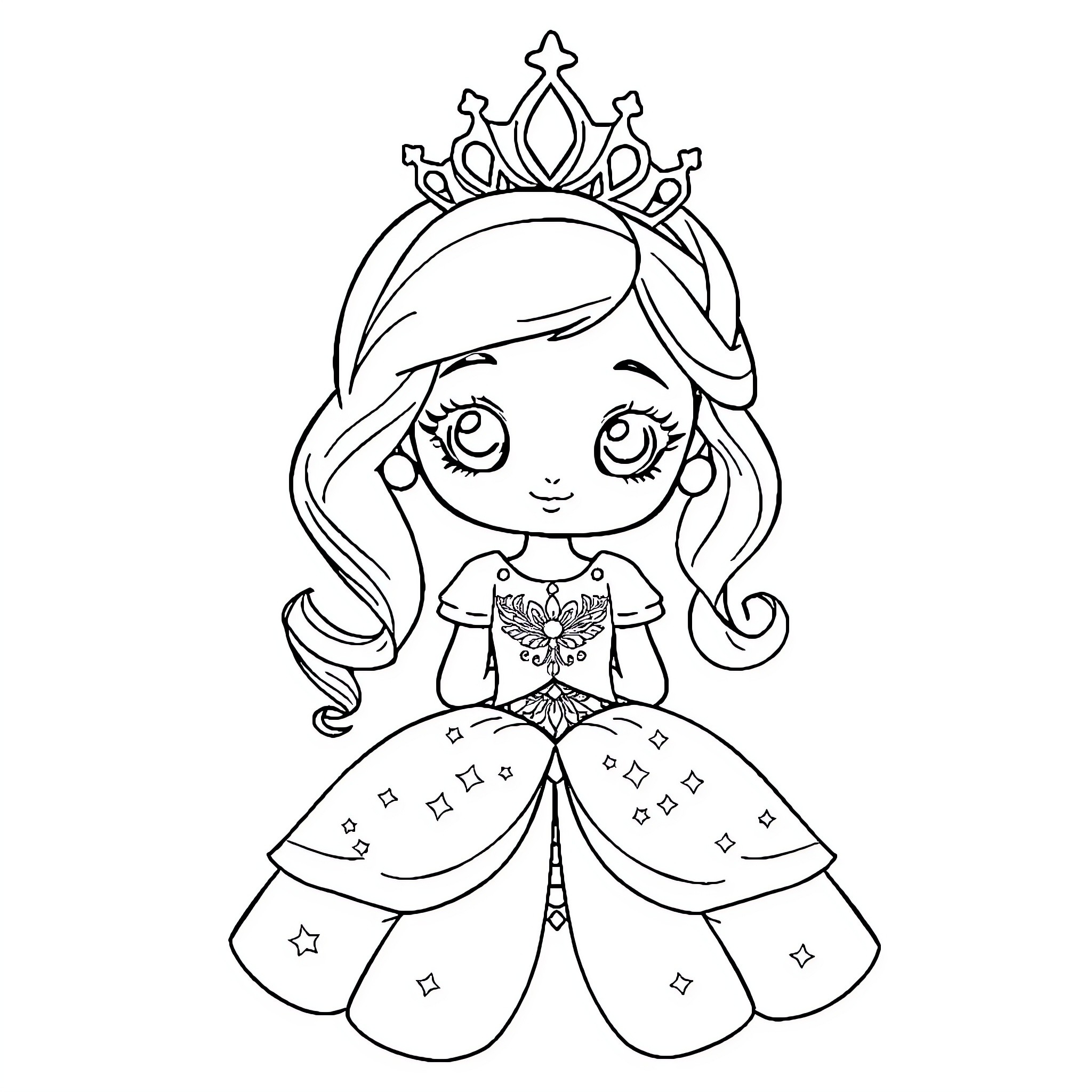 Princess in Elegant Dress and Crown Coloring Page (free black-and-white line drawing printable PDF for all, from beginners to advanced learners, including children, teens, adults, and seniors)