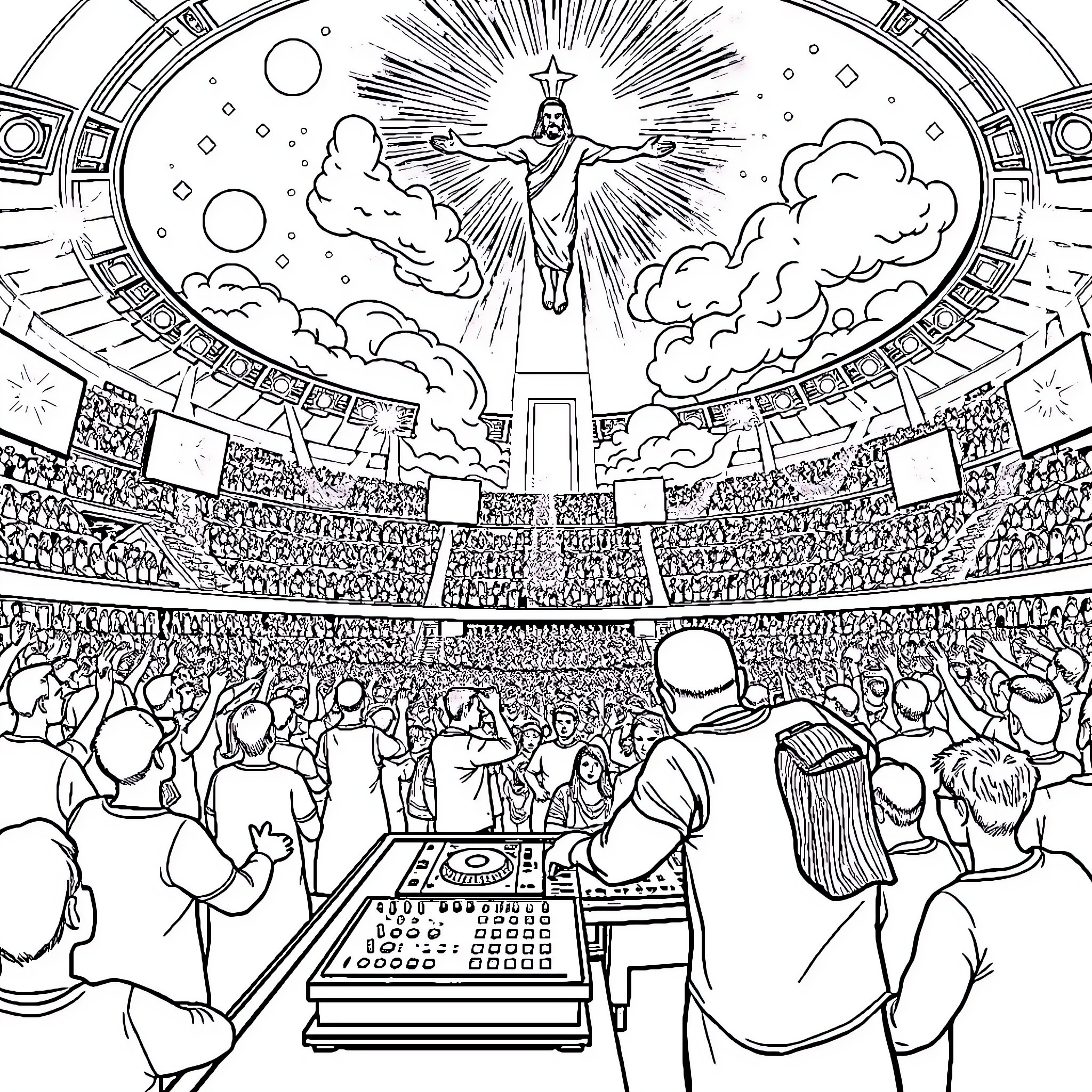 DJ Performs Electrifying Show in Cosmic Stadium Coloring Page (free black-and-white line drawing printable PDF for all, from beginners to advanced learners, including children, teens, adults, and seniors)