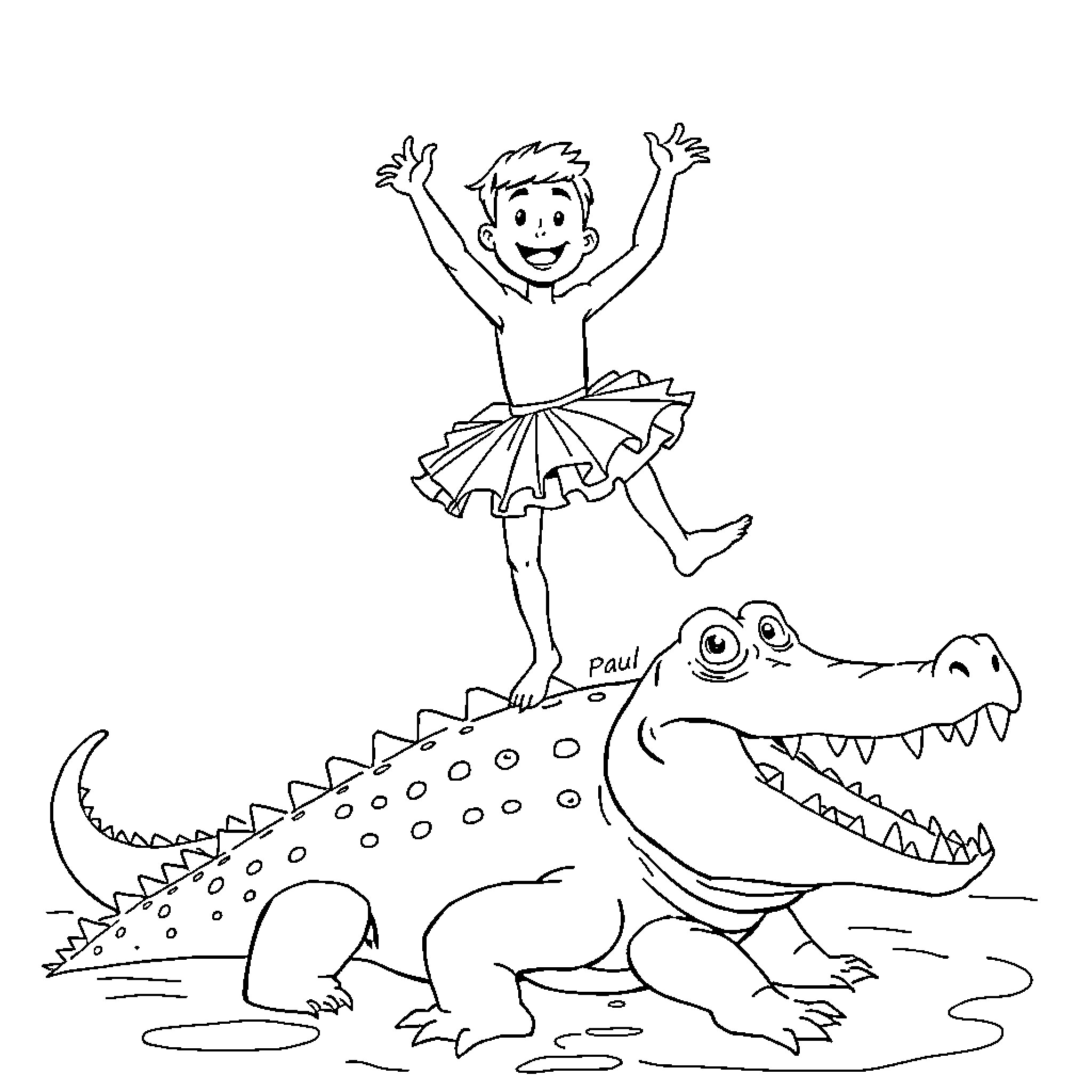 Paul dancing joyfully on an alligator Coloring Page (free black-and-white line drawing printable PDF for all, from beginners to advanced learners, including children, teens, adults, and seniors)