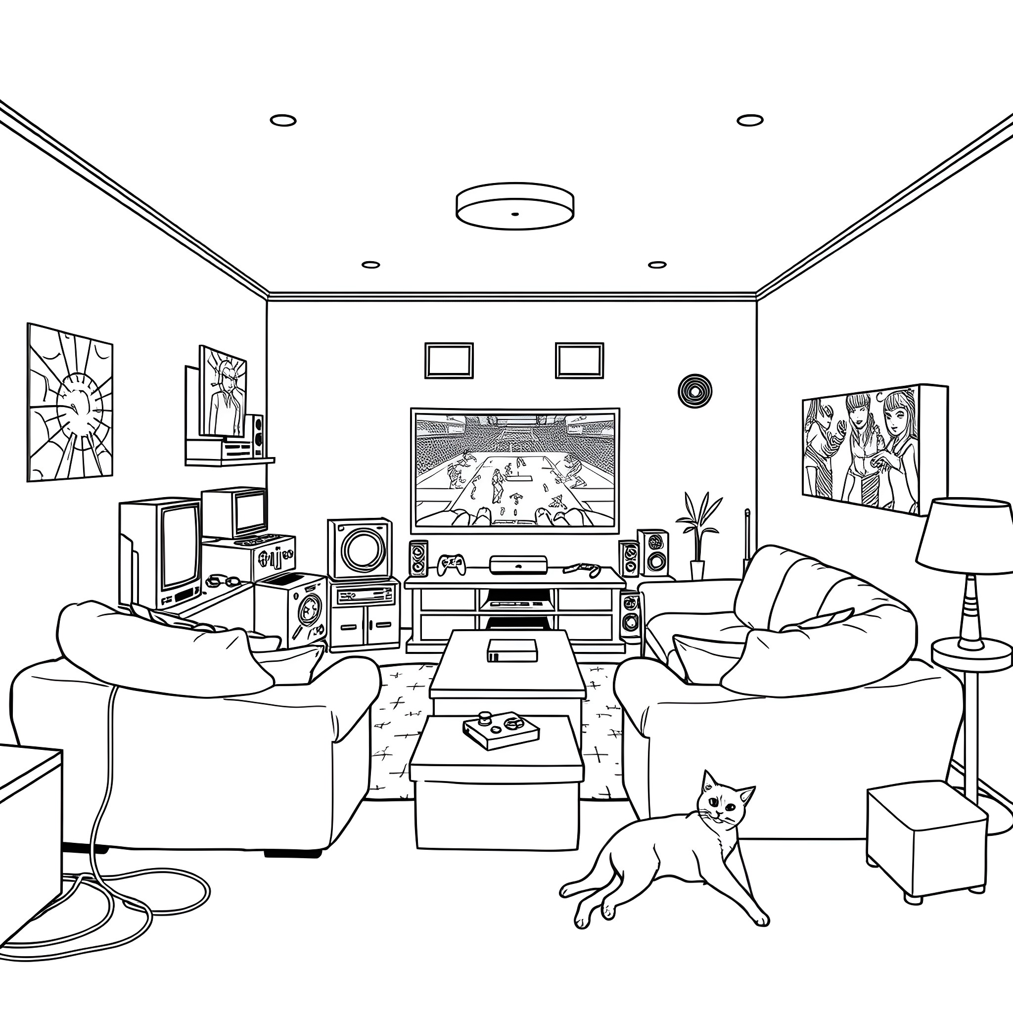 Cat lounging in cozy living room Coloring Page (free black-and-white line drawing printable PDF for all, from beginners to advanced learners, including children, teens, adults, and seniors)