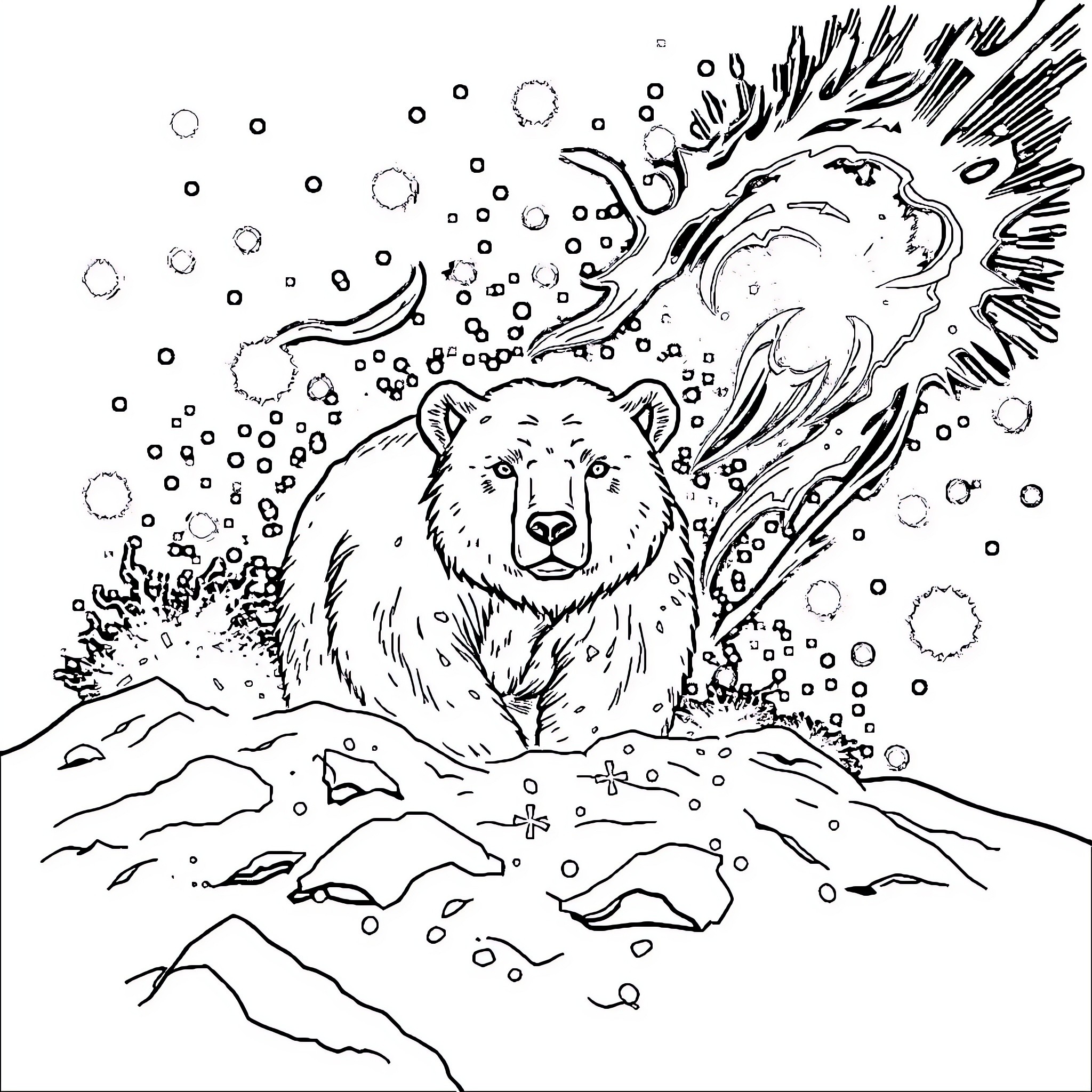 Polar Bear exploring the snowy landscape Coloring Page (free black-and-white line drawing printable PDF for all, from beginners to advanced learners, including children, teens, adults, and seniors)