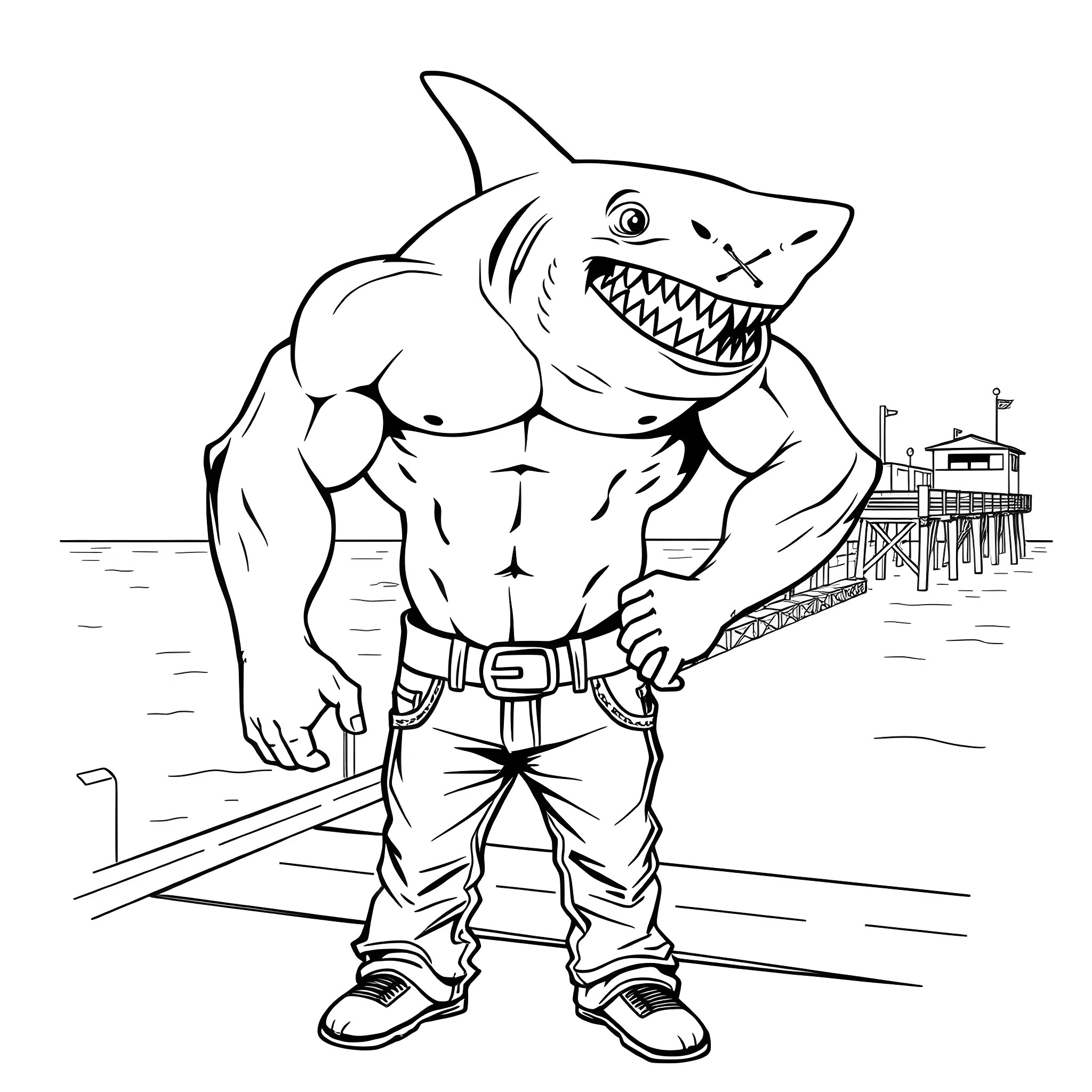 Shark Flexing Muscles on the Beach Coloring Page (free black-and-white line drawing printable PDF for all, from beginners to advanced learners, including children, teens, adults, and seniors)