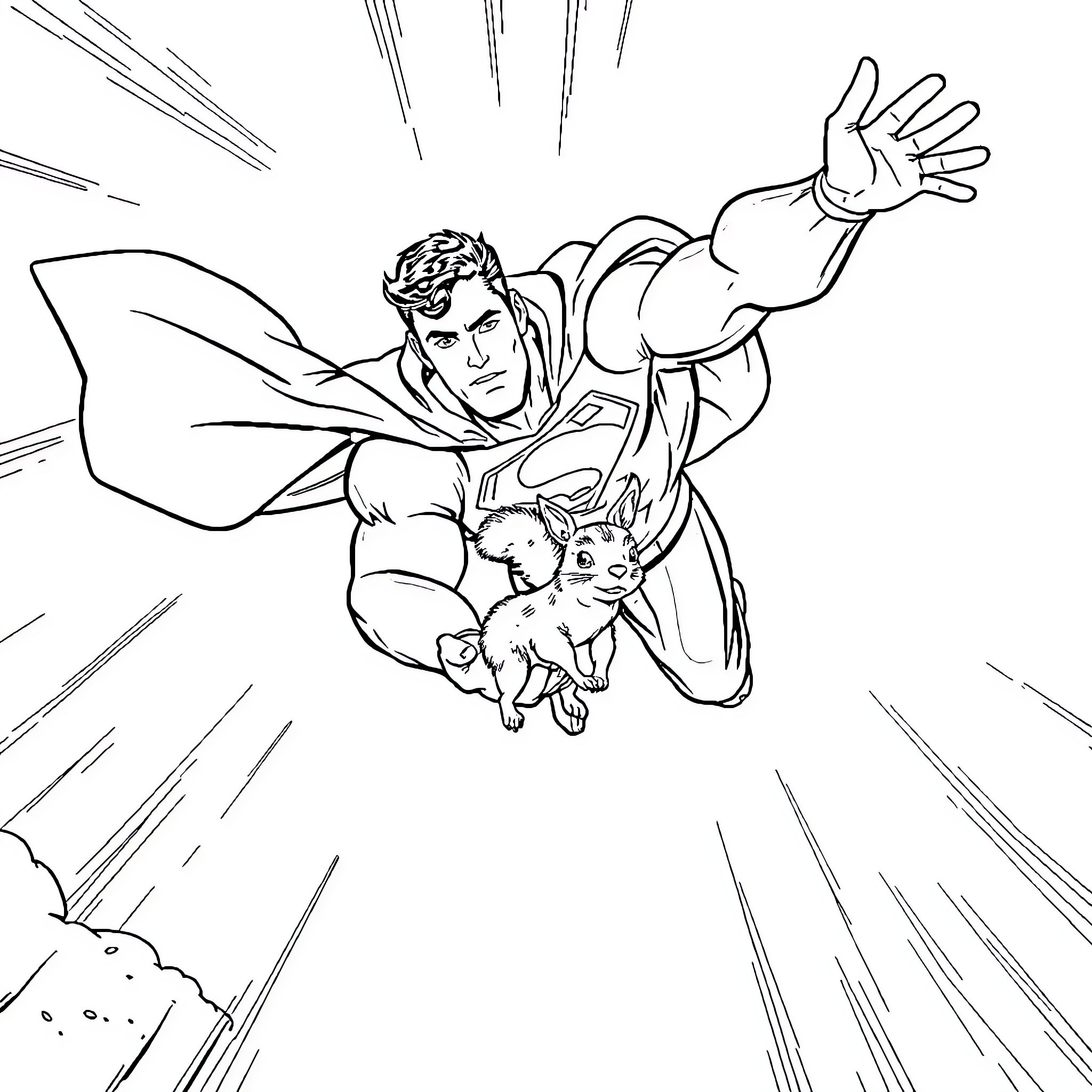 Superman heroically rescuing a small animal Coloring Page (free black-and-white line drawing printable PDF for all, from beginners to advanced learners, including children, teens, adults, and seniors)