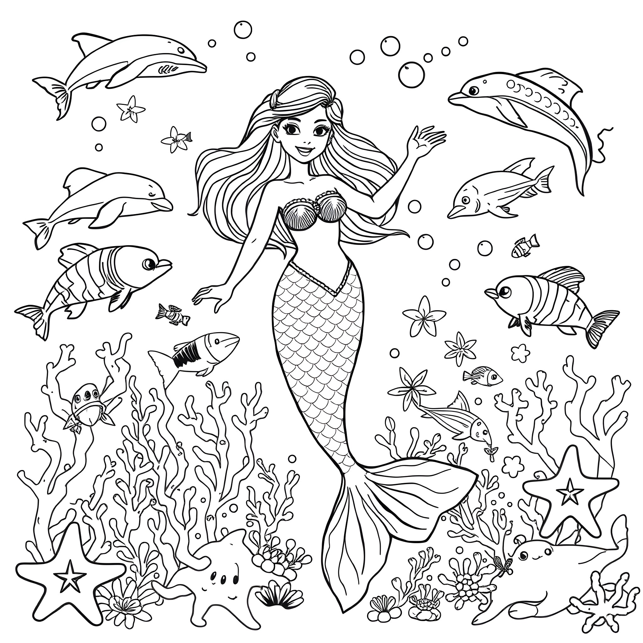 Mermaid swimming joyfully among sea creatures Coloring Page (free black-and-white line drawing printable PDF for all, from beginners to advanced learners, including children, teens, adults, and seniors)