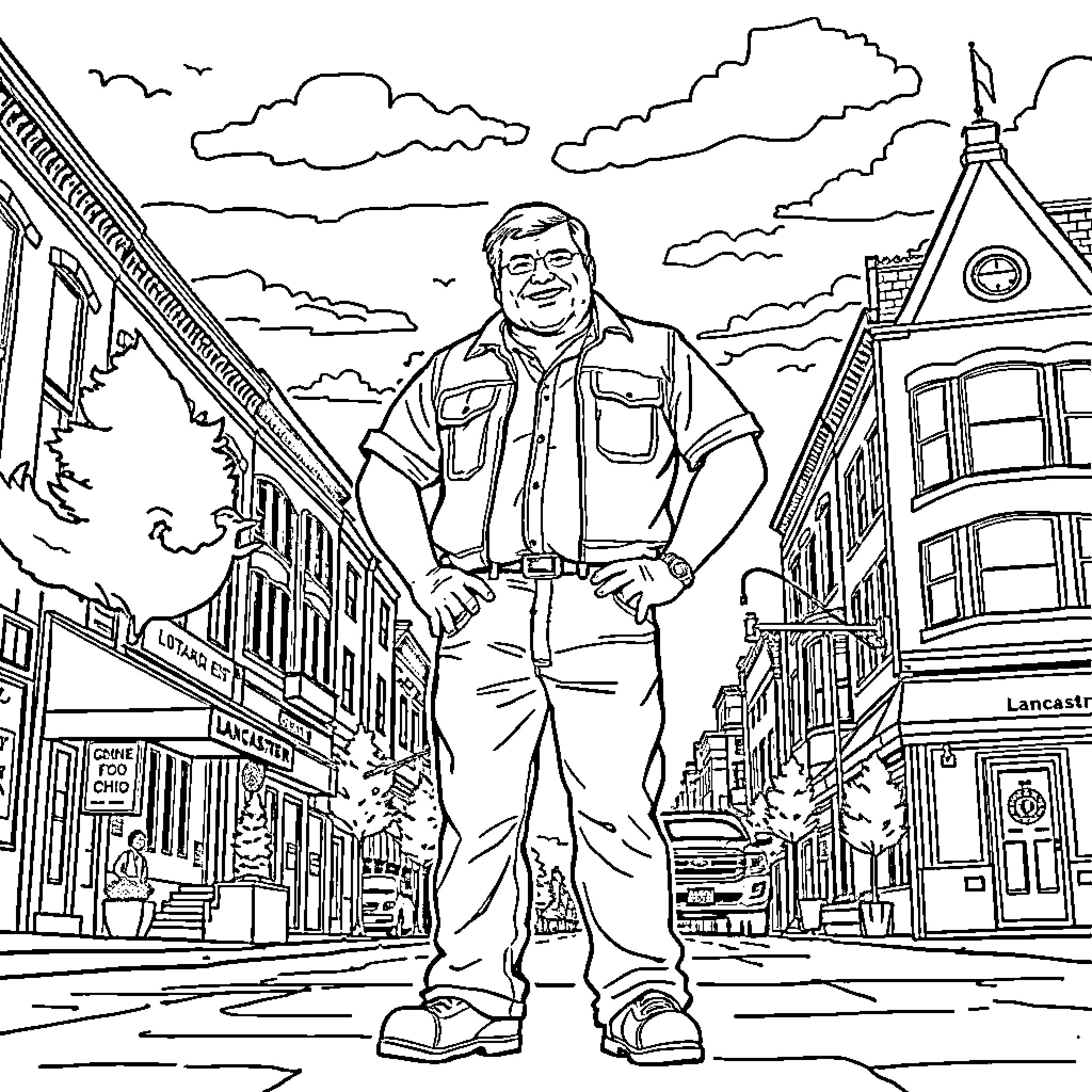 Joe Bizjak standing confidently in a city street Coloring Page (free black-and-white line drawing printable PDF for all, from beginners to advanced learners, including children, teens, adults, and seniors)