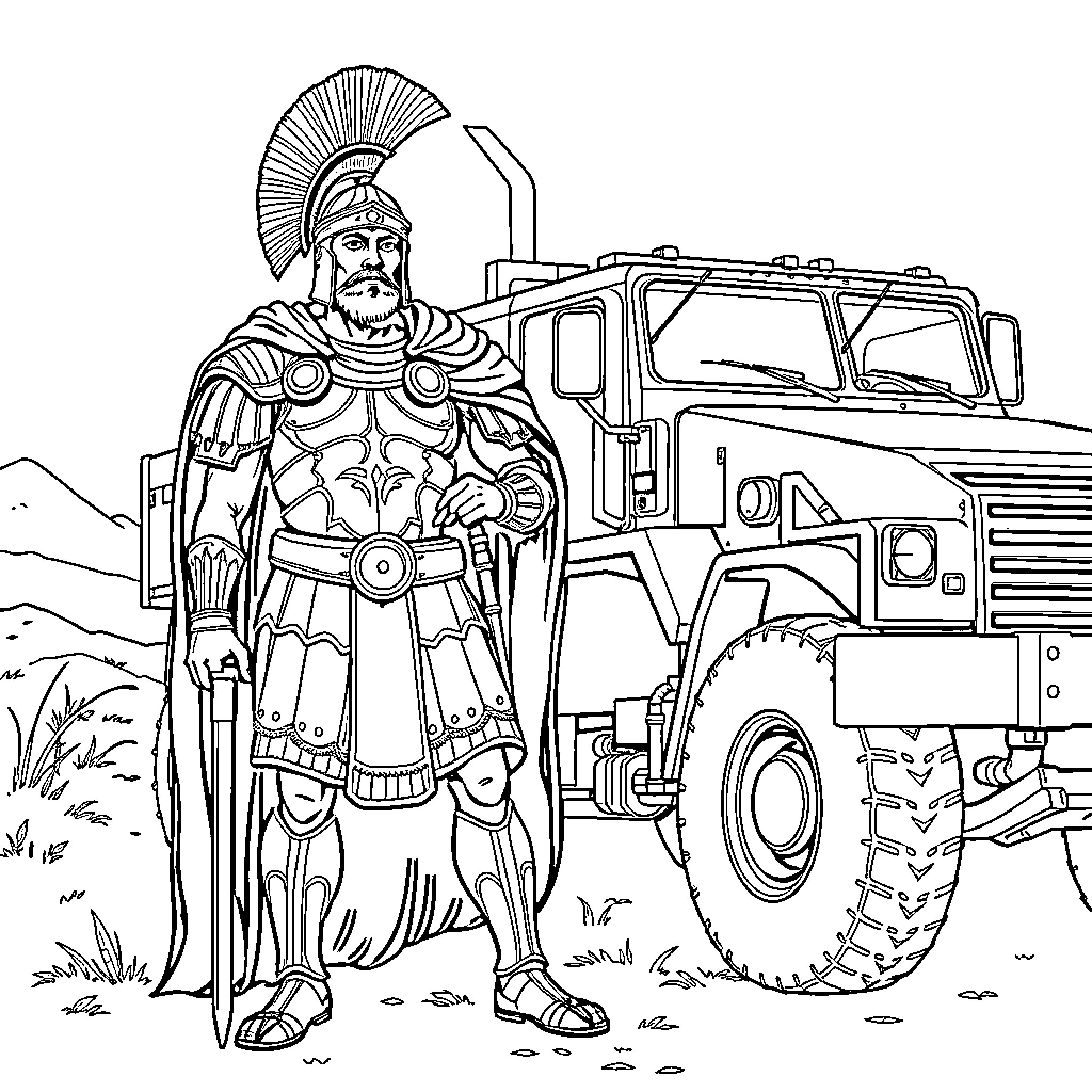 Legionary in military uniform with armored vehicle Coloring Page (free black-and-white line drawing printable PDF for all, from beginners to advanced learners, including children, teens, adults, and seniors)