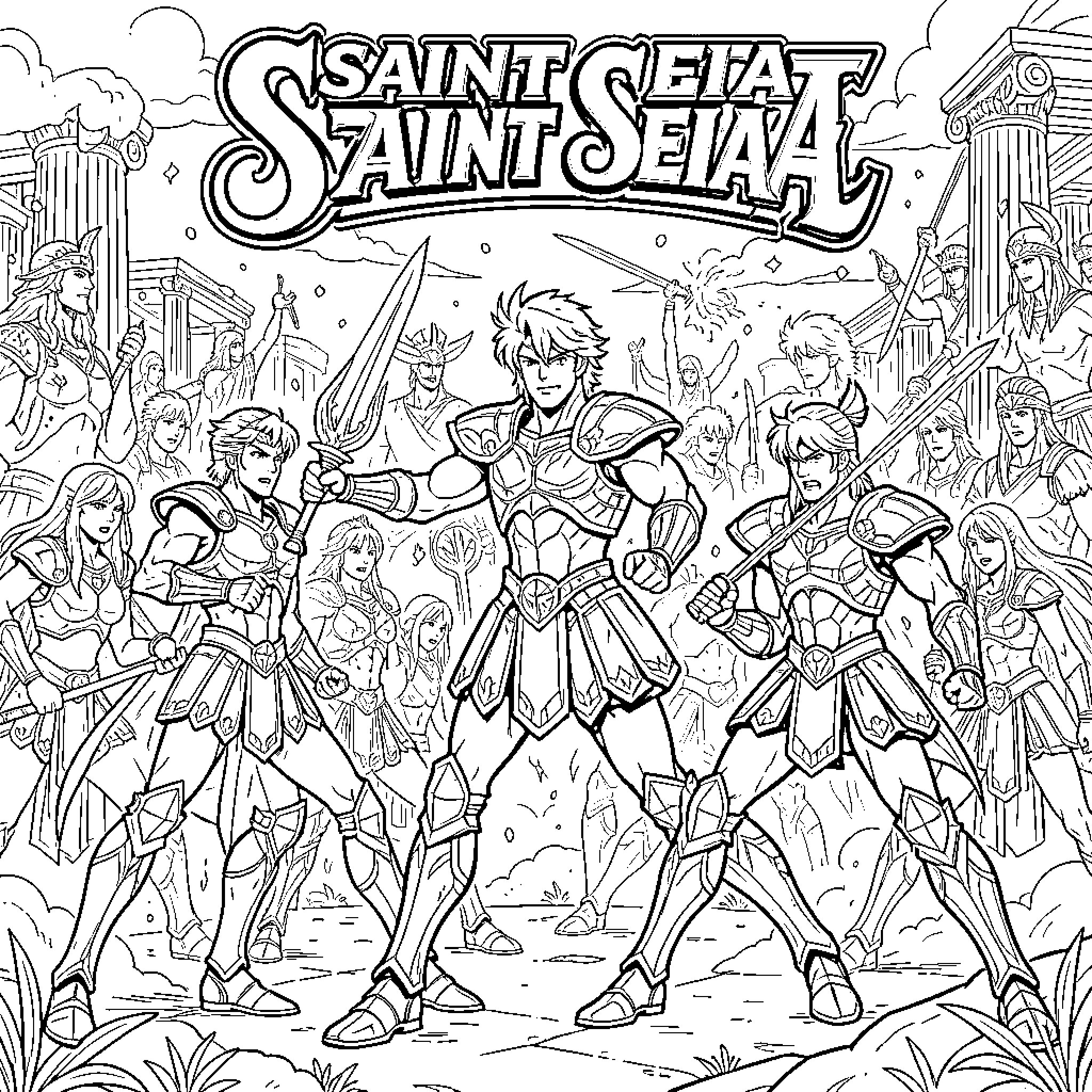 Saint Seiya warriors posing in heroic battle stances Coloring Page (free black-and-white line drawing printable PDF for all, from beginners to advanced learners, including children, teens, adults, and seniors)