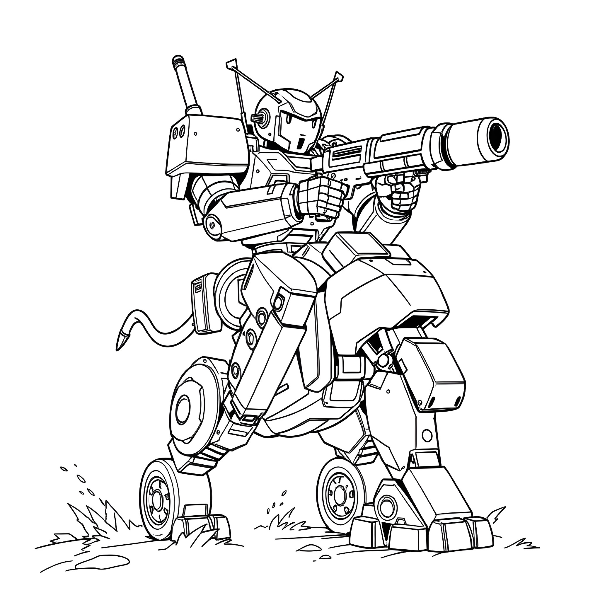 Robot Mech Soldier with Weapon in Grassland Coloring Page (free black-and-white line drawing printable PDF for all, from beginners to advanced learners, including children, teens, adults, and seniors)