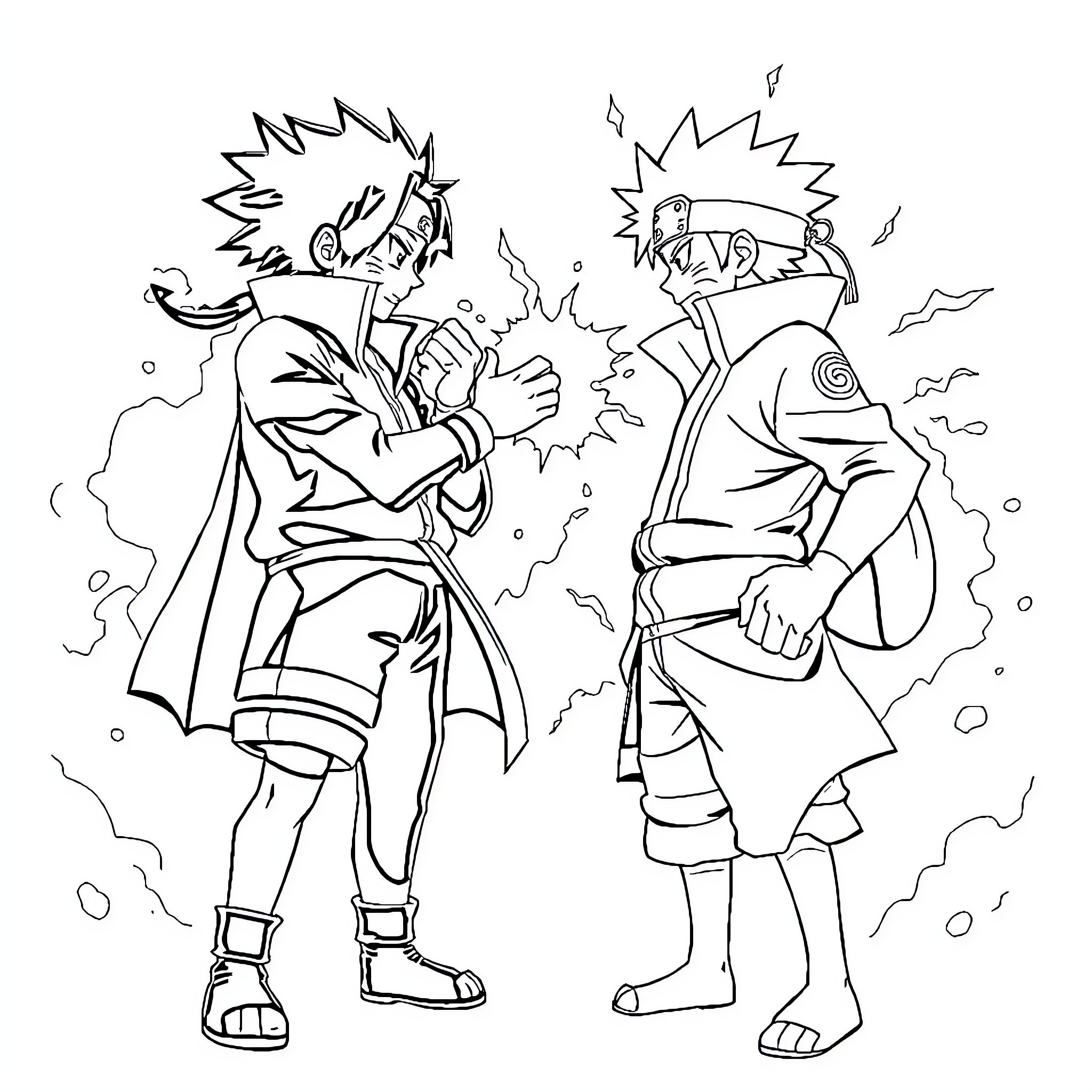 Naruto characters engaged in dynamic battle Coloring Page (free black-and-white line drawing printable PDF for all, from beginners to advanced learners, including children, teens, adults, and seniors)