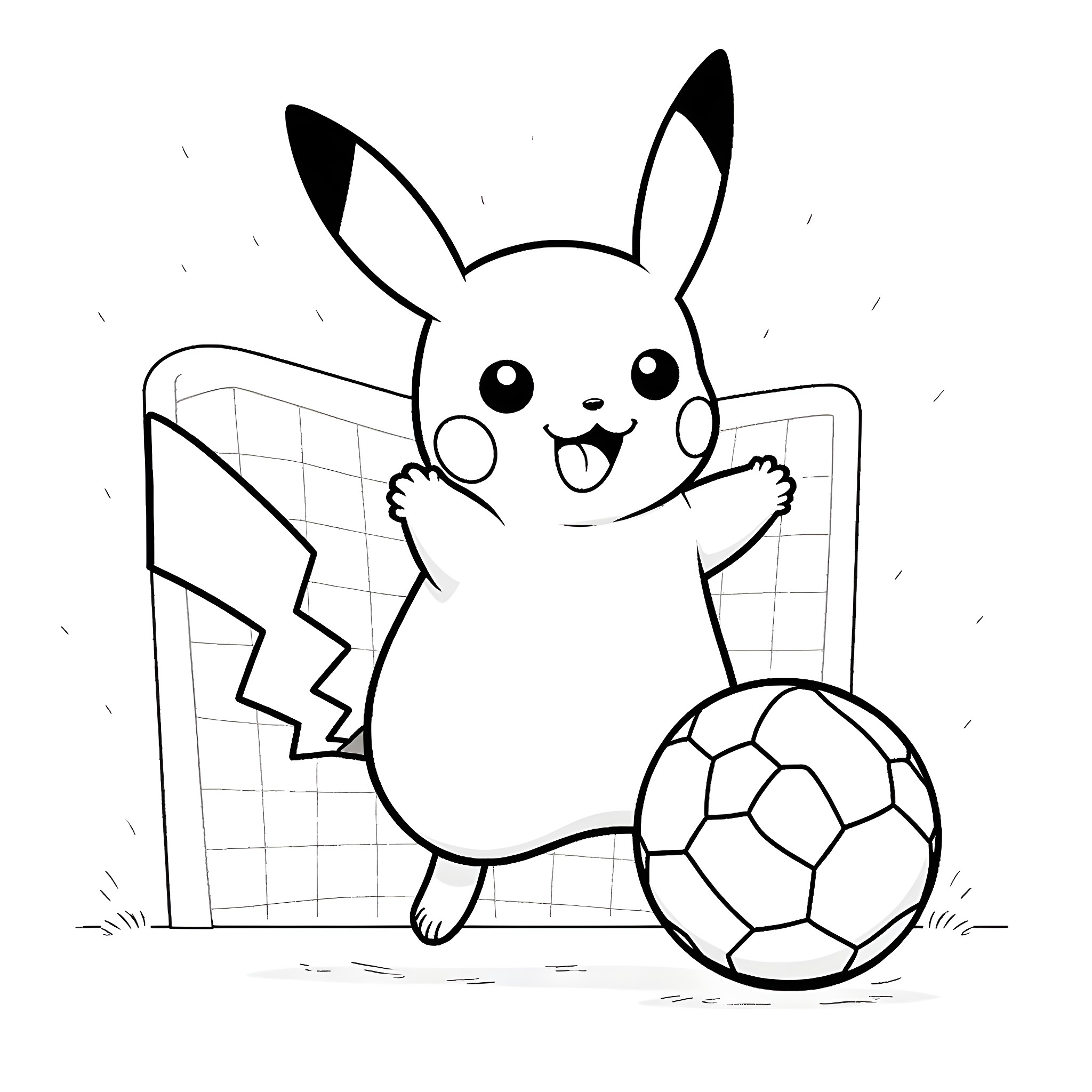 Pikachu playing with a soccer ball Coloring Page (free black-and-white line drawing printable PDF for all, from beginners to advanced learners, including children, teens, adults, and seniors)