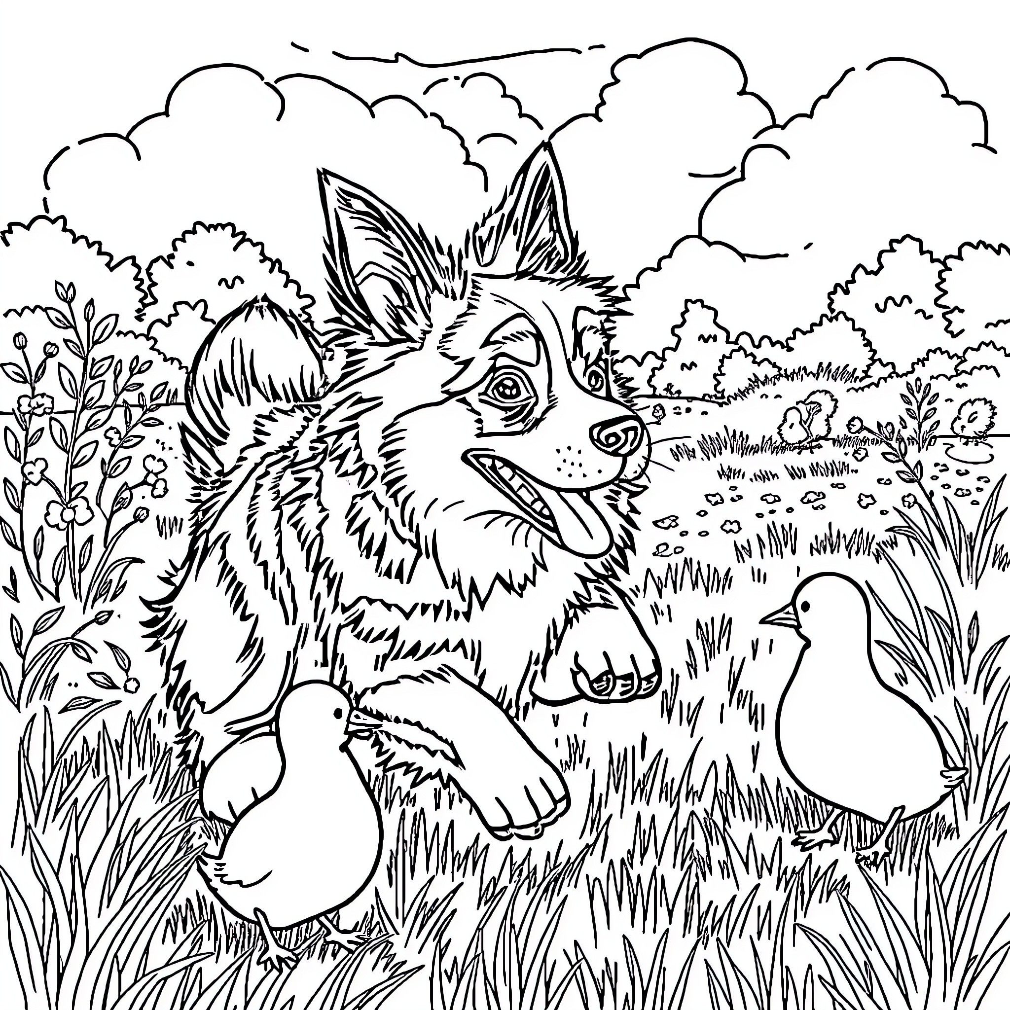 Dog playing with ducklings in nature Coloring Page (free black-and-white line drawing printable PDF for all, from beginners to advanced learners, including children, teens, adults, and seniors)