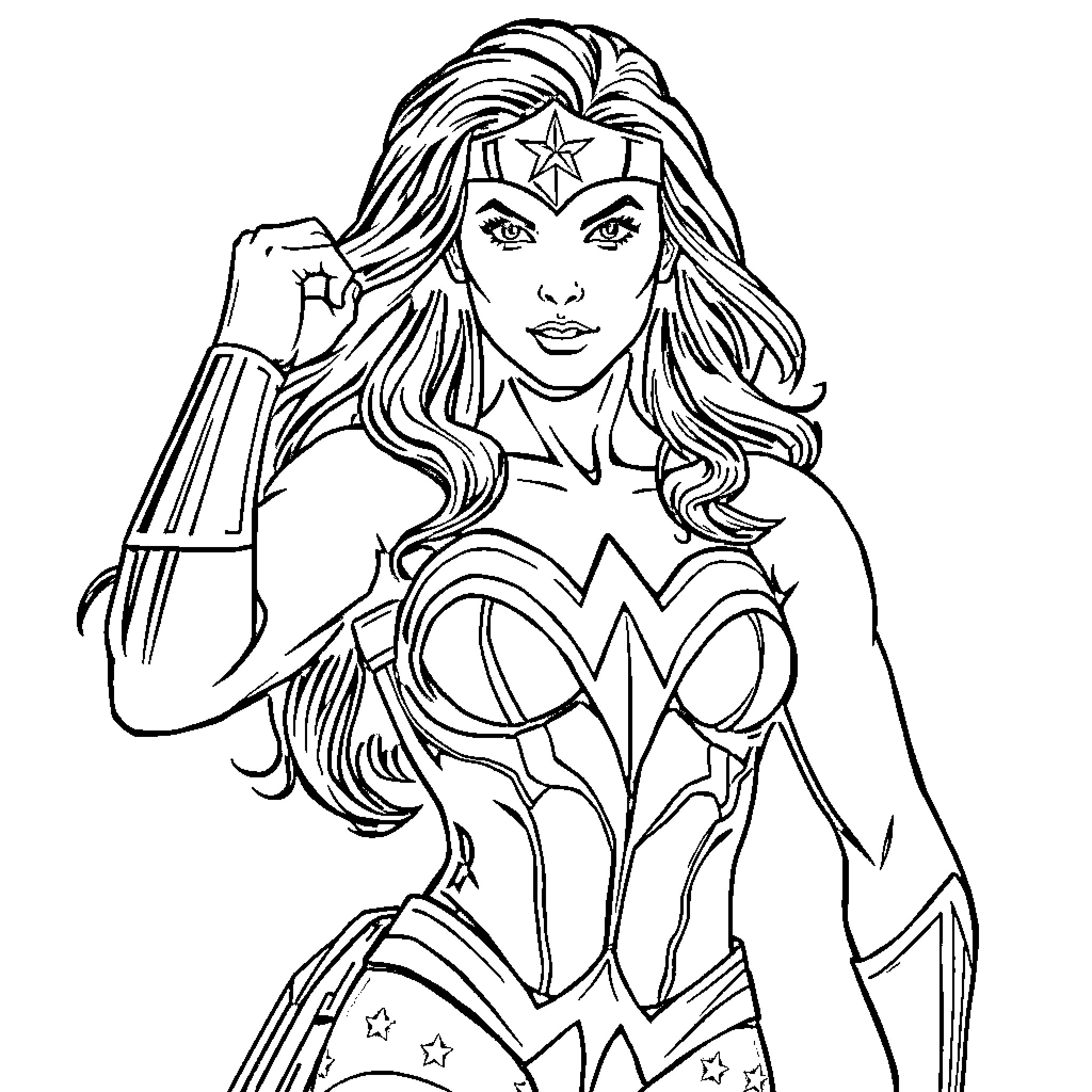 Wonder Woman in Heroic Stance with Iconic Outfit Coloring Page (free black-and-white line drawing printable PDF for all, from beginners to advanced learners, including children, teens, adults, and seniors)